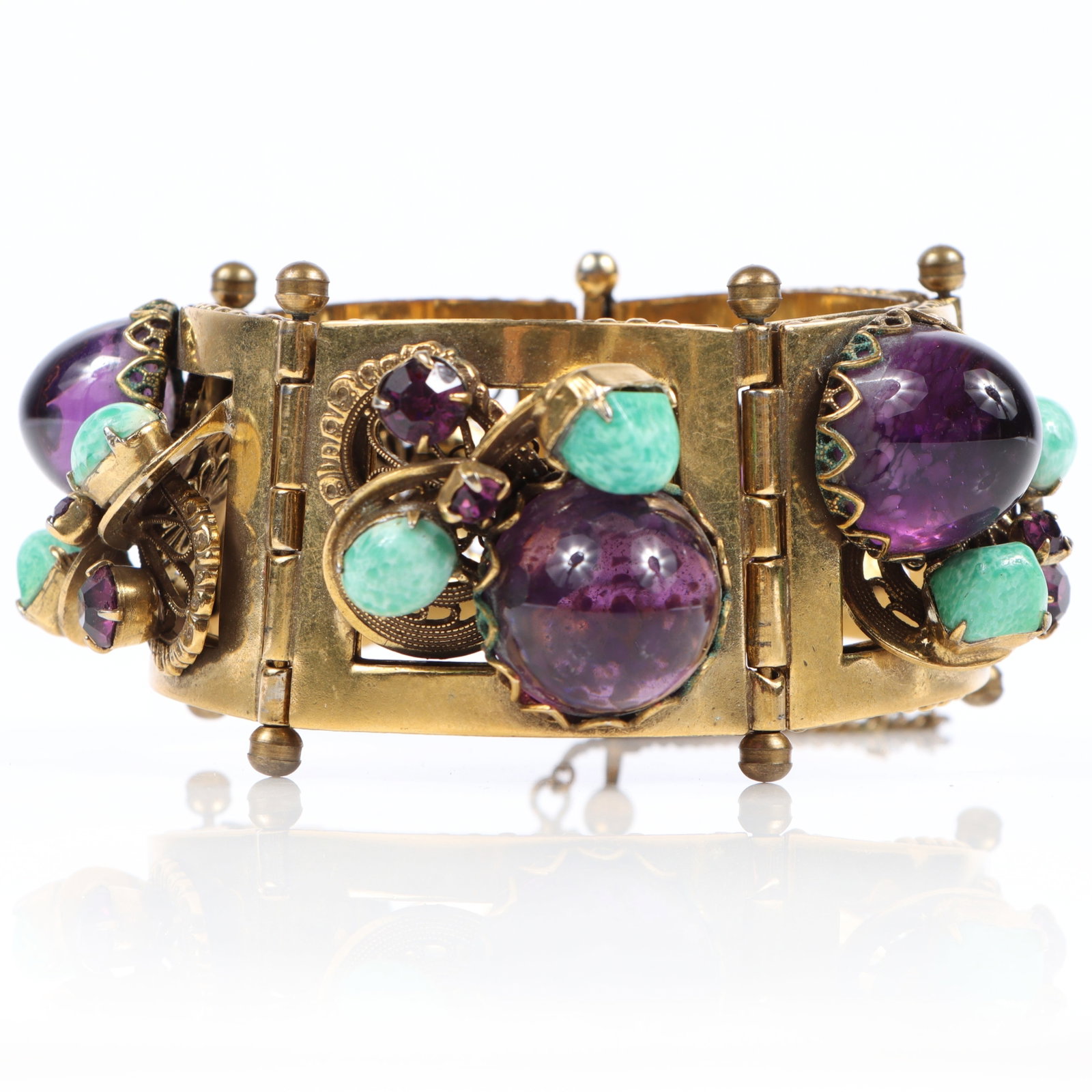 Chunky Mid Century panel bracelet with large amethyst glass cabochons, jewels, and Peking glass 8 (1 of 8)