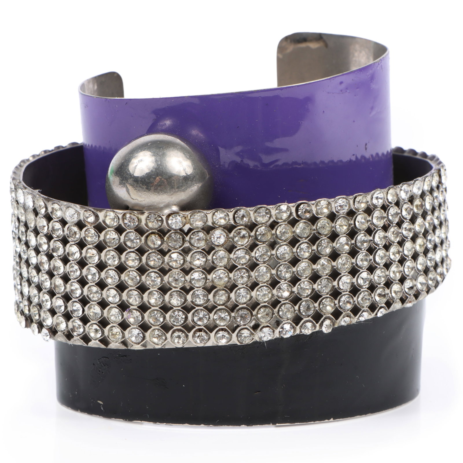 Gianni Versace layered dimensional cuff bracelet with rhinestones 3"H x 2 1/2"Inner Diam. (1 of 12)