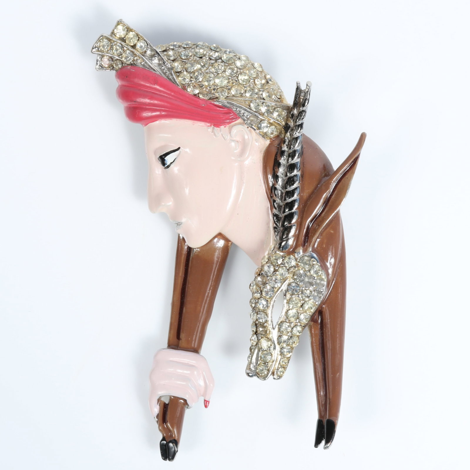 Unique Art Deco Retro figural brooch with enamel and pave rhinestones, lady holding a gazelle? 3: Unique Art Deco Retro figural brooch with enamel and pave rhinestones, lady holding a gazelle? Missing several rhinestones 3 1/4"H x 2 1/4"W