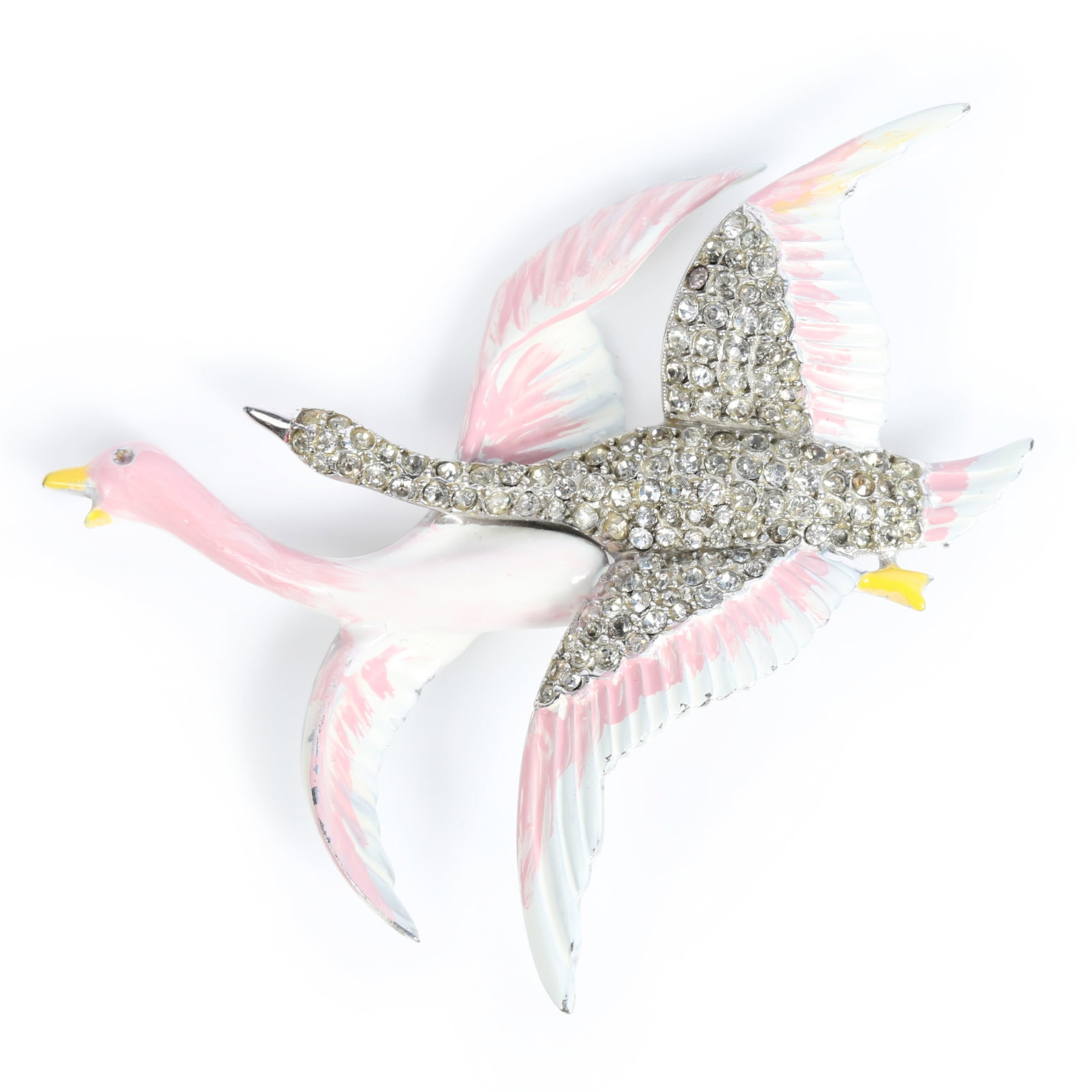 Silson retro figural flying geese or swans brooch with enamel, rhodium plating, and pave rhinestone (1 of 10)