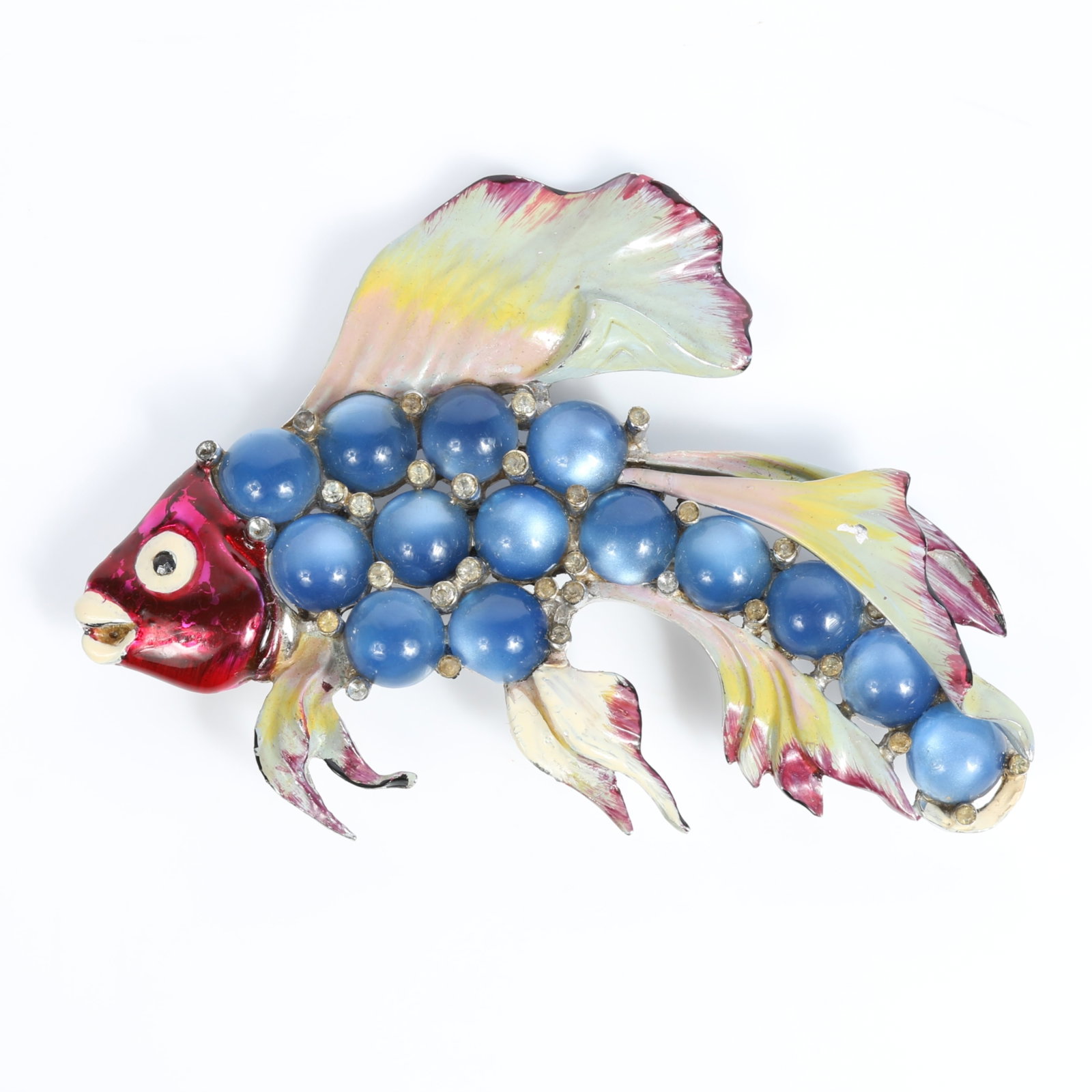 Coro 1941 Gene Verrecchio enameled Paradise Fish book piece brooch with blue moonglow cabochons and (1 of 10)