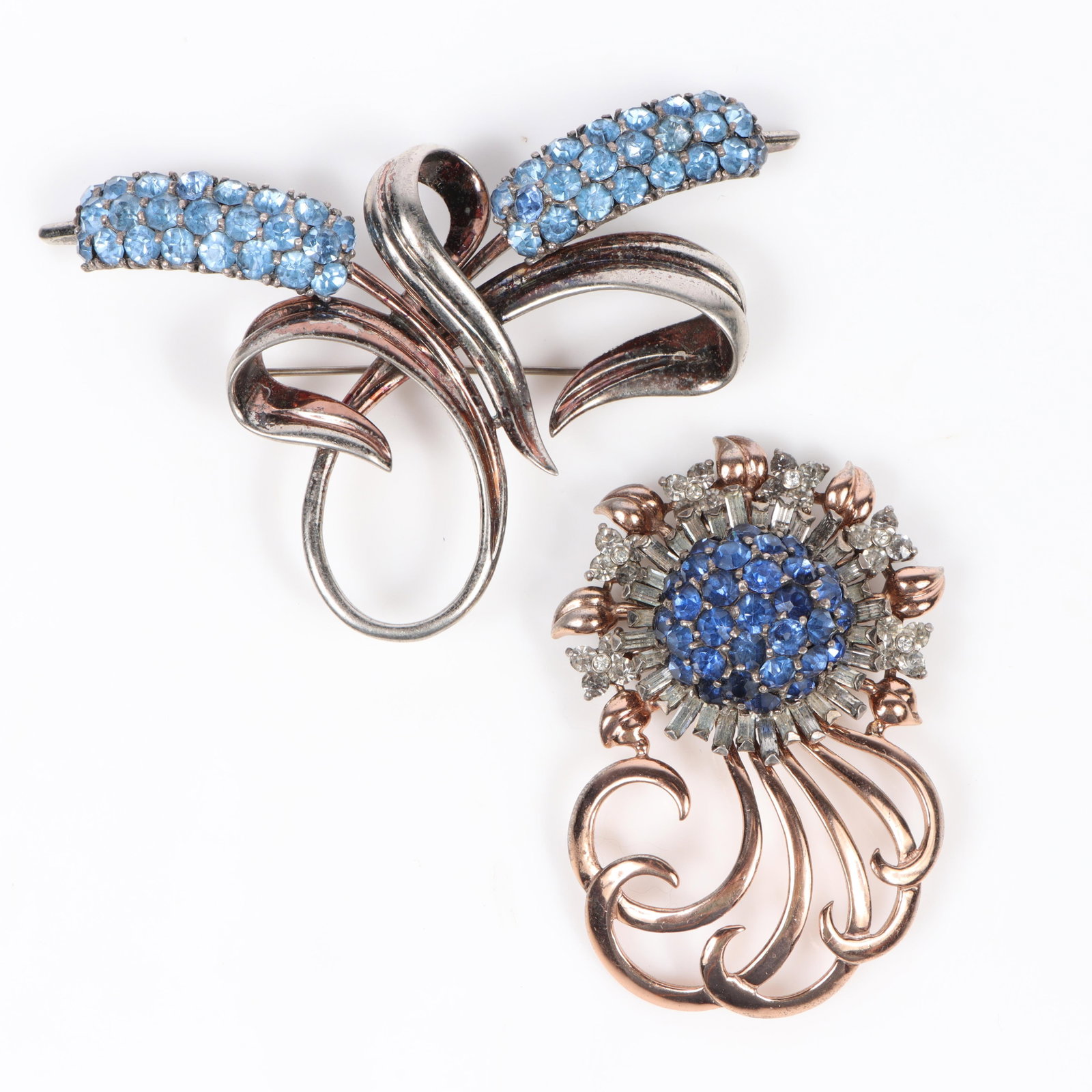 Pair of Pennino retro sterling vermeil book piece brooches with diamante and blue rhinestone (1 of 9)