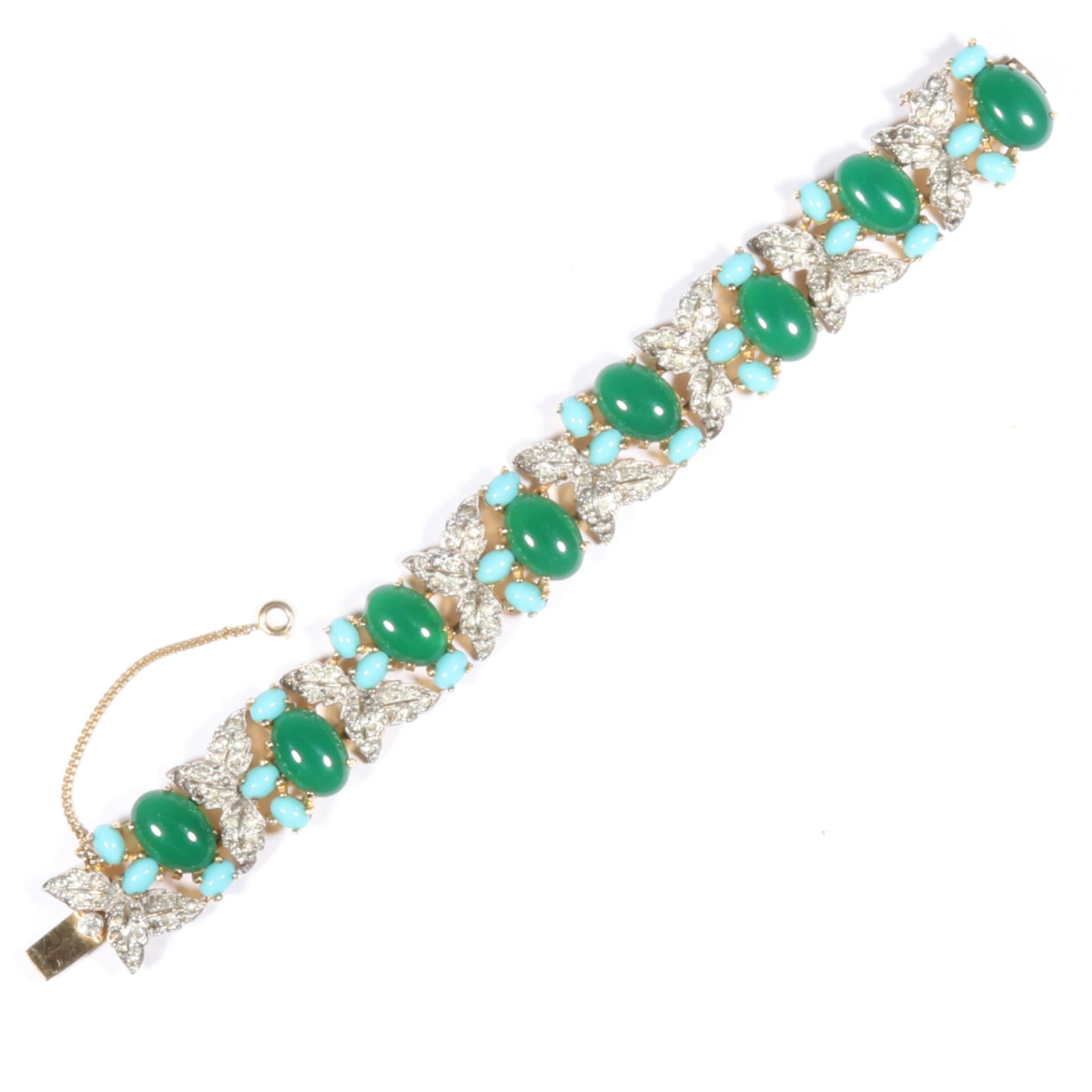 Jomaz book piece bracelet with pave crystal rhinestones, green glass, and faux turquoise cabochons 7: Jomaz book piece bracelet with pave crystal rhinestones, green glass, and faux turquoise cabochons "Fabulous Fakes" by Carole Tanenbaum, pg. 137 7 1/4"L x 3/4"W