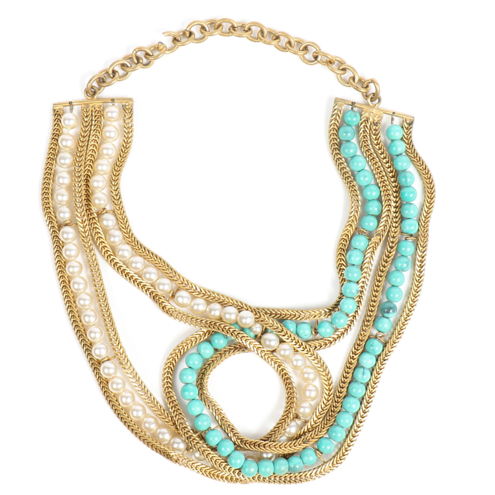 Italian Mid century bib necklace with faux pearls and turquoise beads suspended between gold tone: Italian Mid century bib necklace with faux pearls and turquoise beads suspended between gold tone chains Signed "Italy" 15"L x 3"W