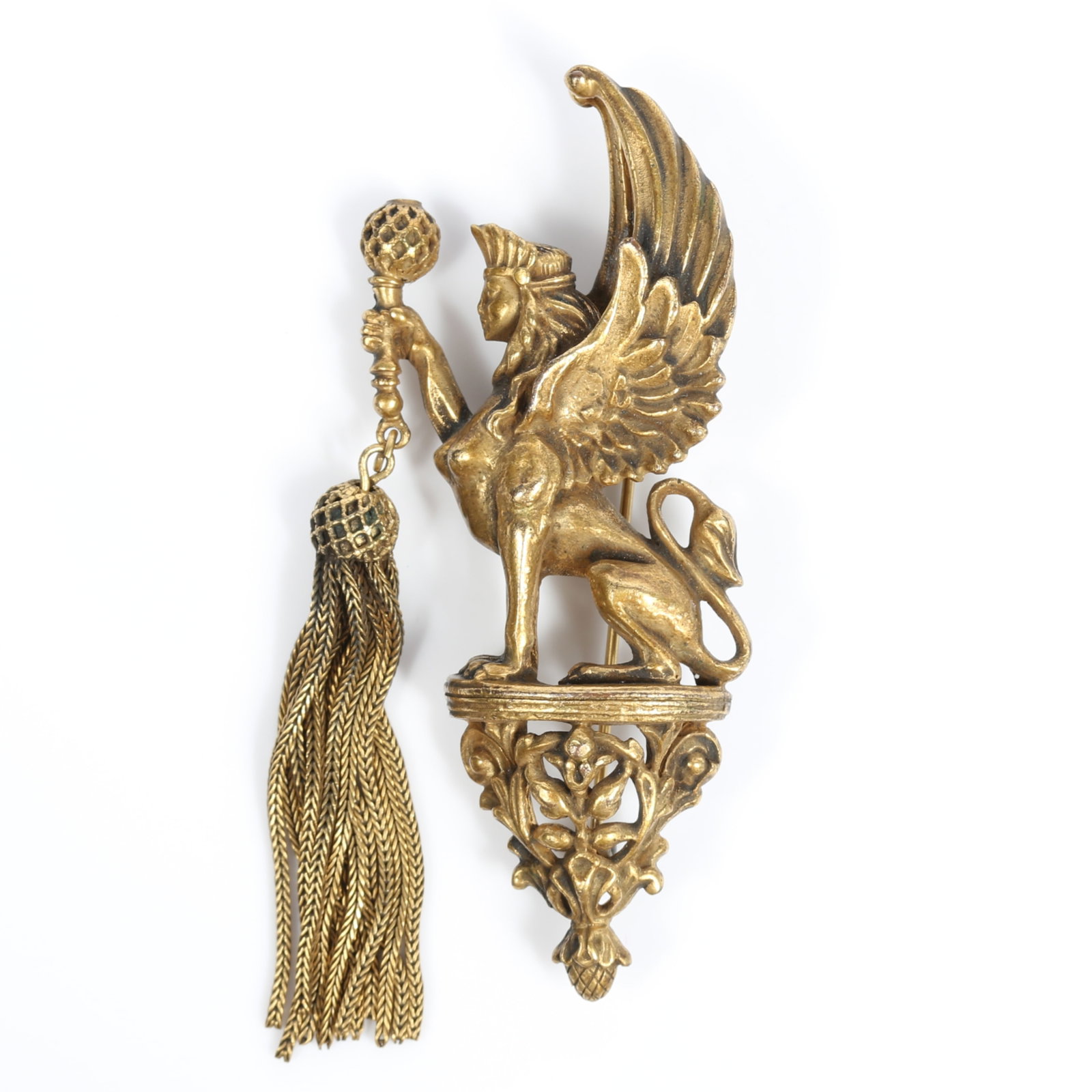 Coro Neoclassical style winged griffin or sphinx brooch holding a scepter with tassel dangles 3"H x (1 of 8)