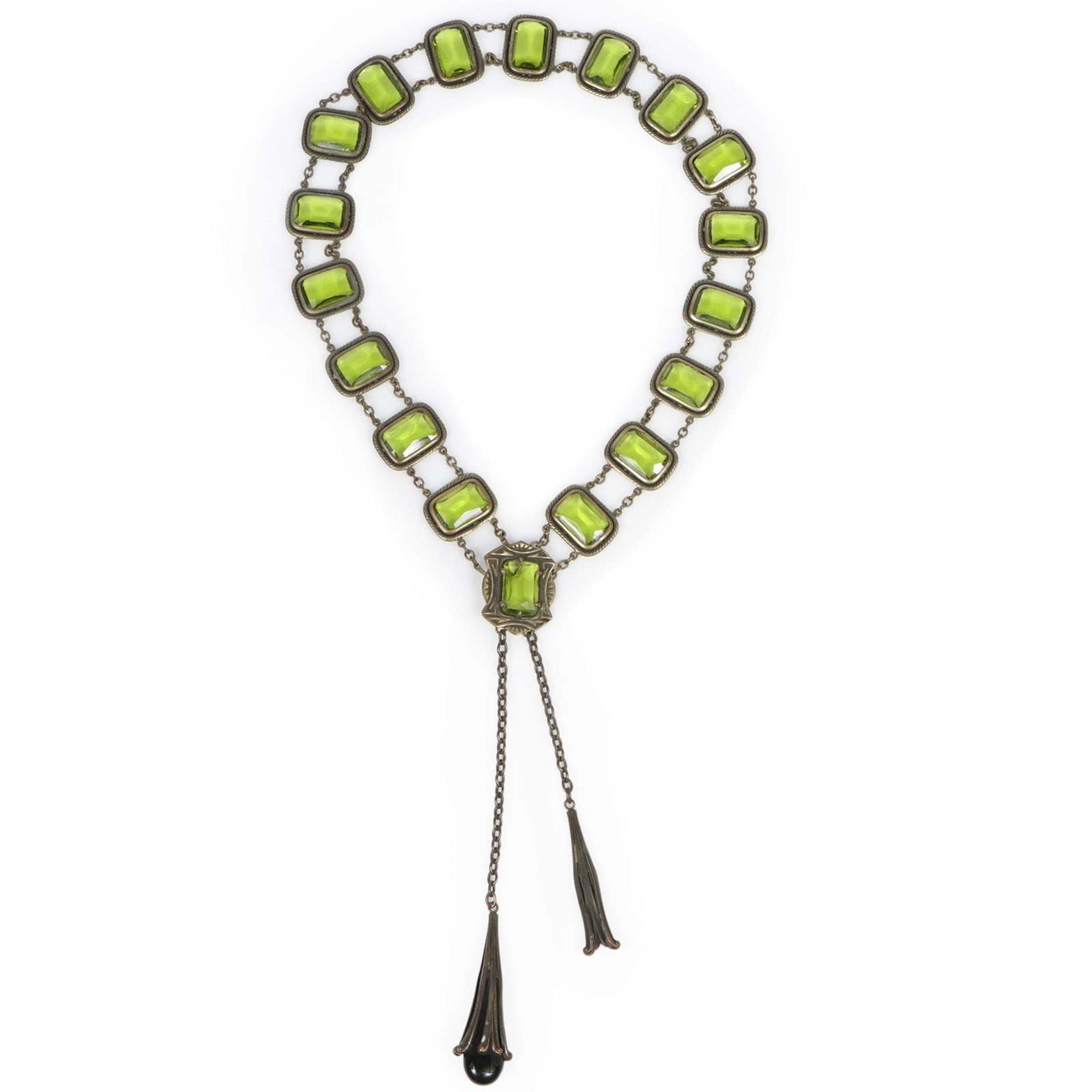 Art Deco Czech glass lariat necklace with unfoiled peridot-green jewels and long dangles 23"L x: Art Deco Czech glass lariat necklace with unfoiled peridot-green jewels and long dangles Missing one glass dangle 23"L x 8"Drop