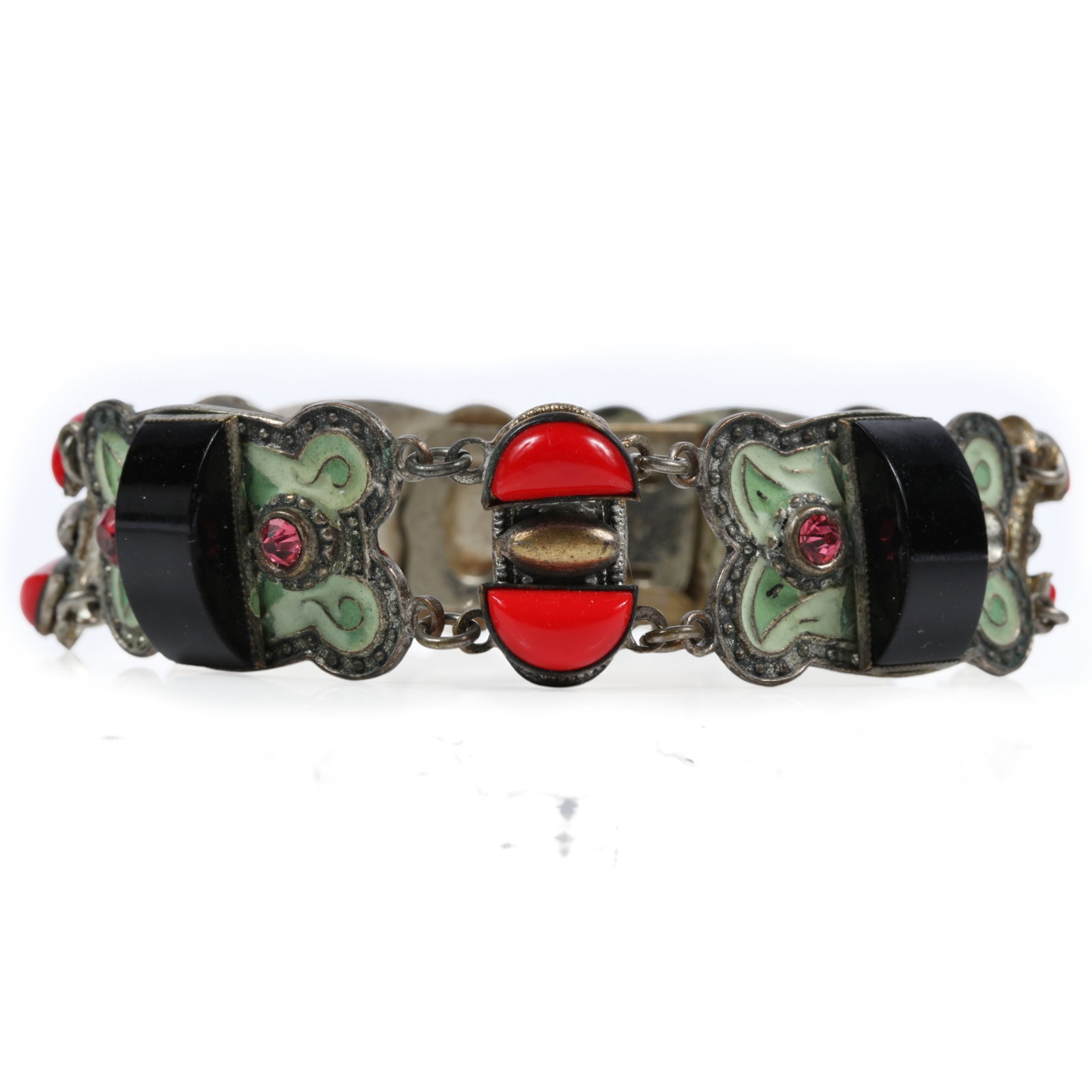 Art Deco Czech glass bracelet with green enamel and pink rhinestone crystals 6 7/8"L x 5/8"W (1 of 10)