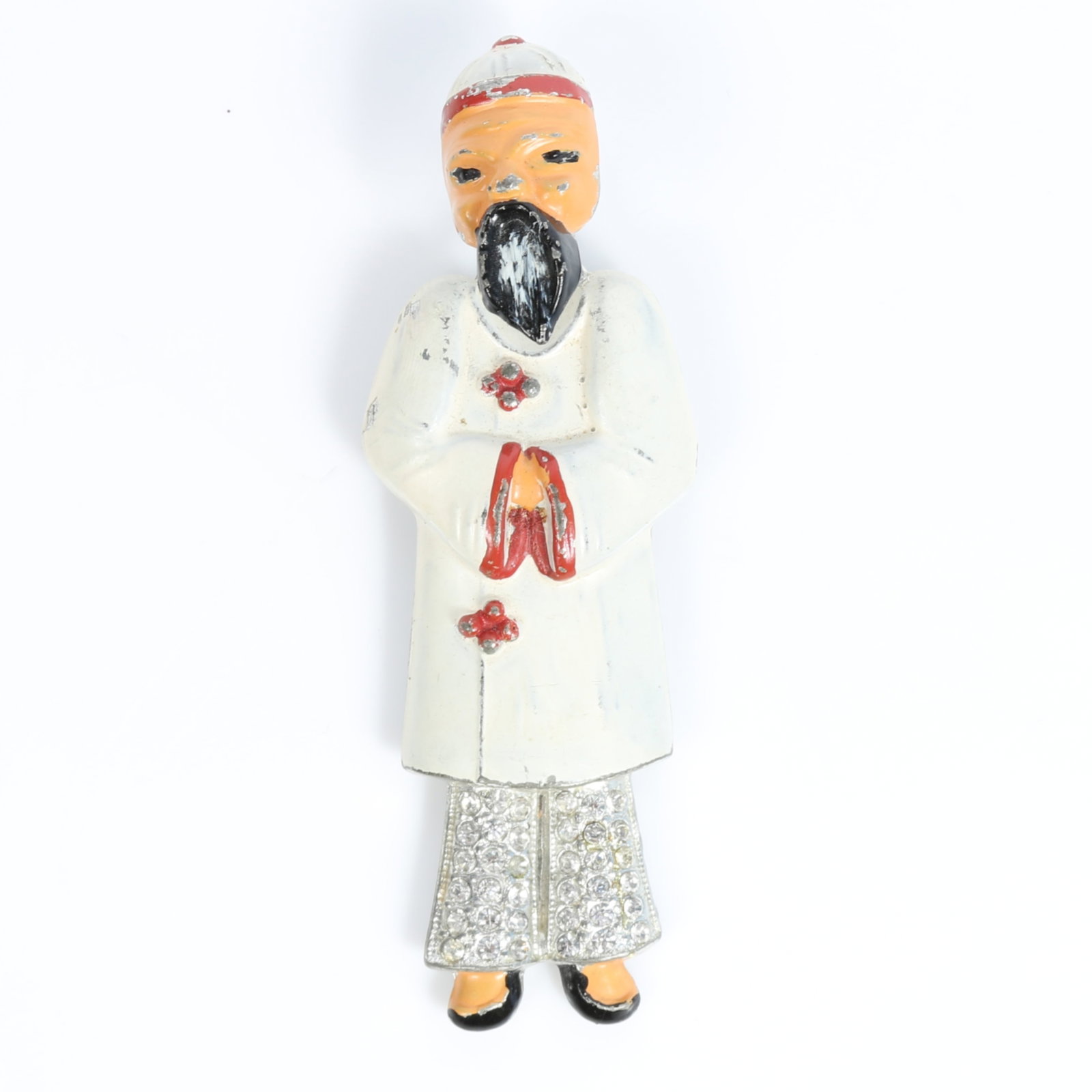 1940's Retro figural trembler head fur clip depicting Asian scholar with enamel and pave 3"H x 1"W (1 of 9)