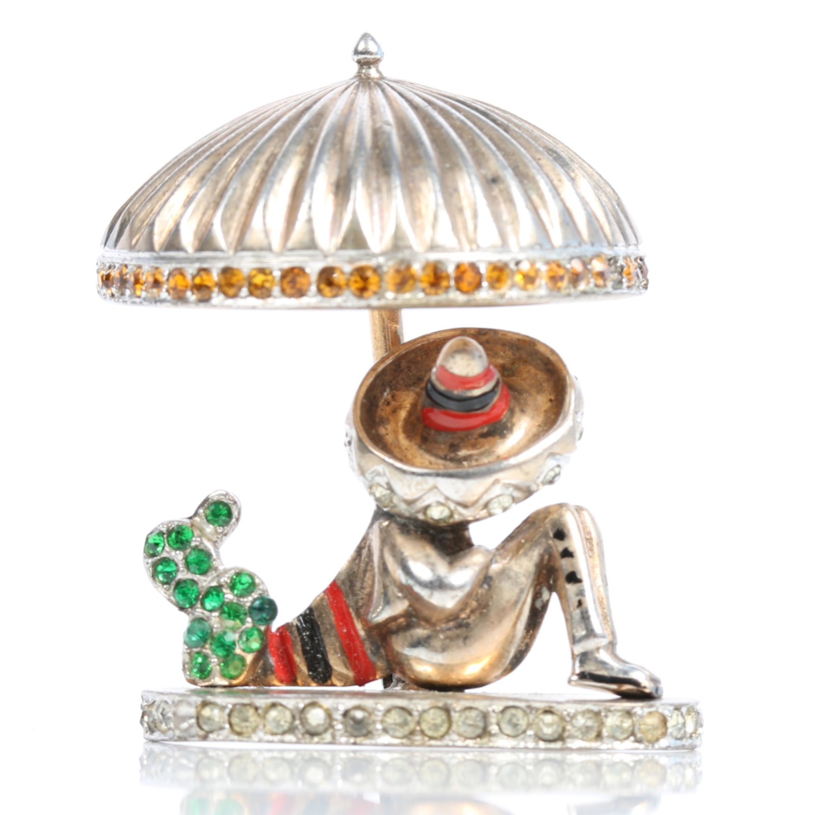 Retro sterling vermeil enameled figural brooch depicting a man wearing a sombrero under an umbrella (1 of 11)