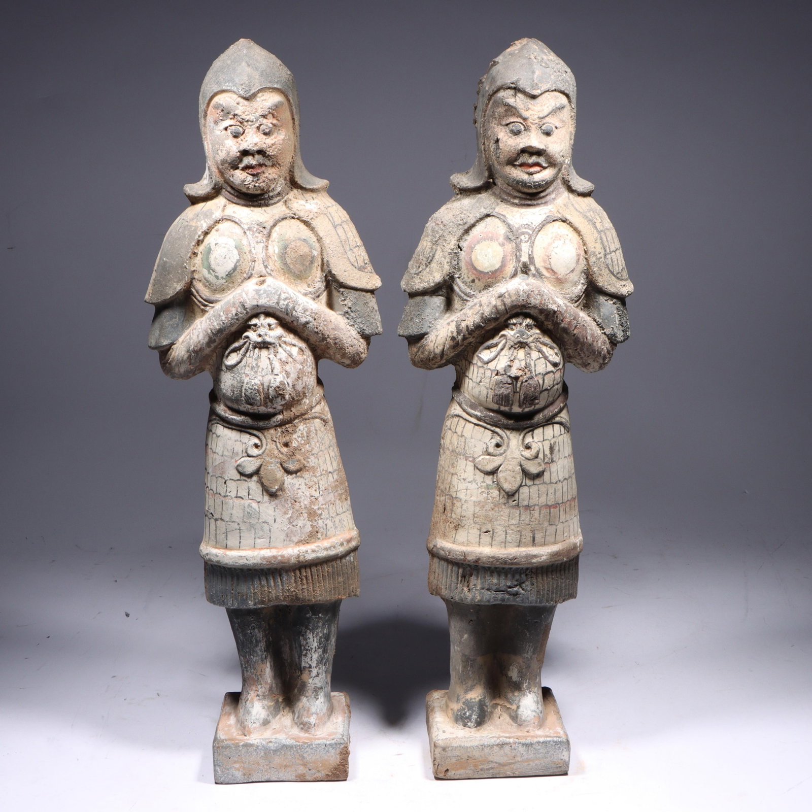 Pair Chinese Six Dynasties/Early Tang painted terracotta pottery tomb guardian warrior figures 21"H (1 of 15)