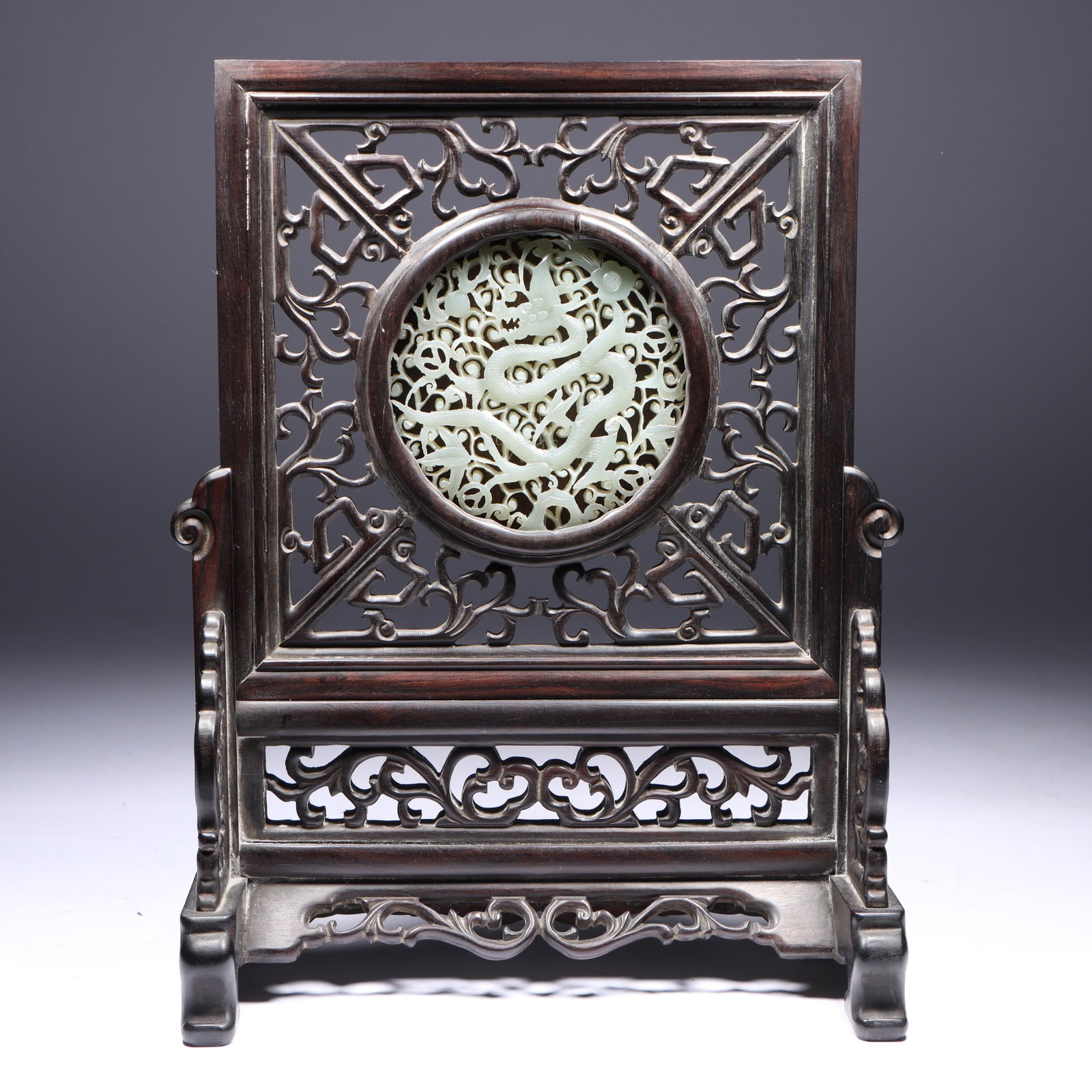 Chinese reticulated camphor? wood table screen with inlaid carved white jade layered dragon (1 of 17)