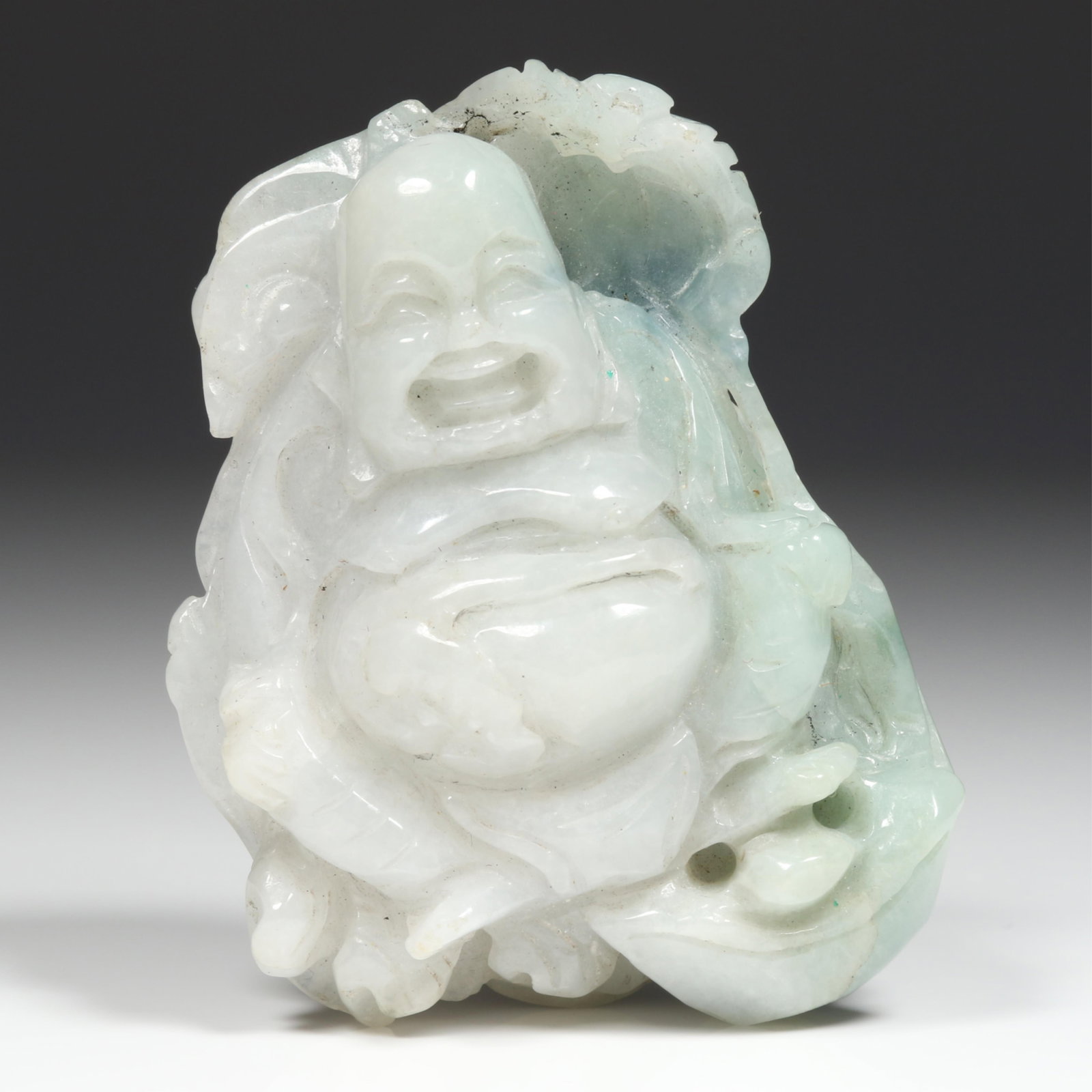 Chinese carved Moss-in-Snow Jadeite Jade Figural Laughing Seated Buddha pendant ornament; Symbol of: Chinese carved Moss-in-Snow Jadeite Jade Figural Laughing Seated Buddha pendant ornament; Symbol of Happiness and Contentment Fine semi-translucency in very good condition with no chips, or nicks, ver