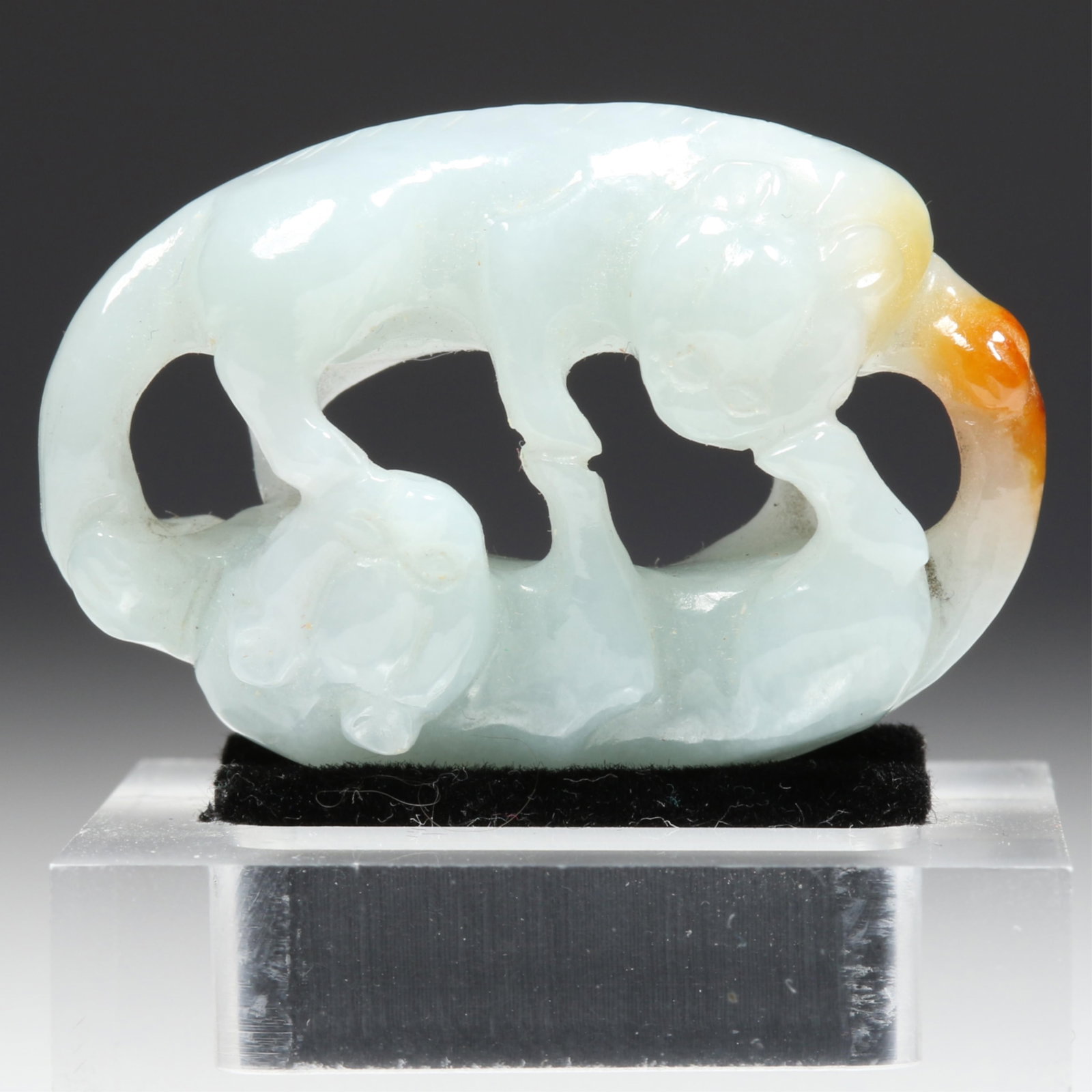 Carved tri-color green, honey, white jadeite Jade Openwork Figural pendant ornament; Intertwined Foo (1 of 8)