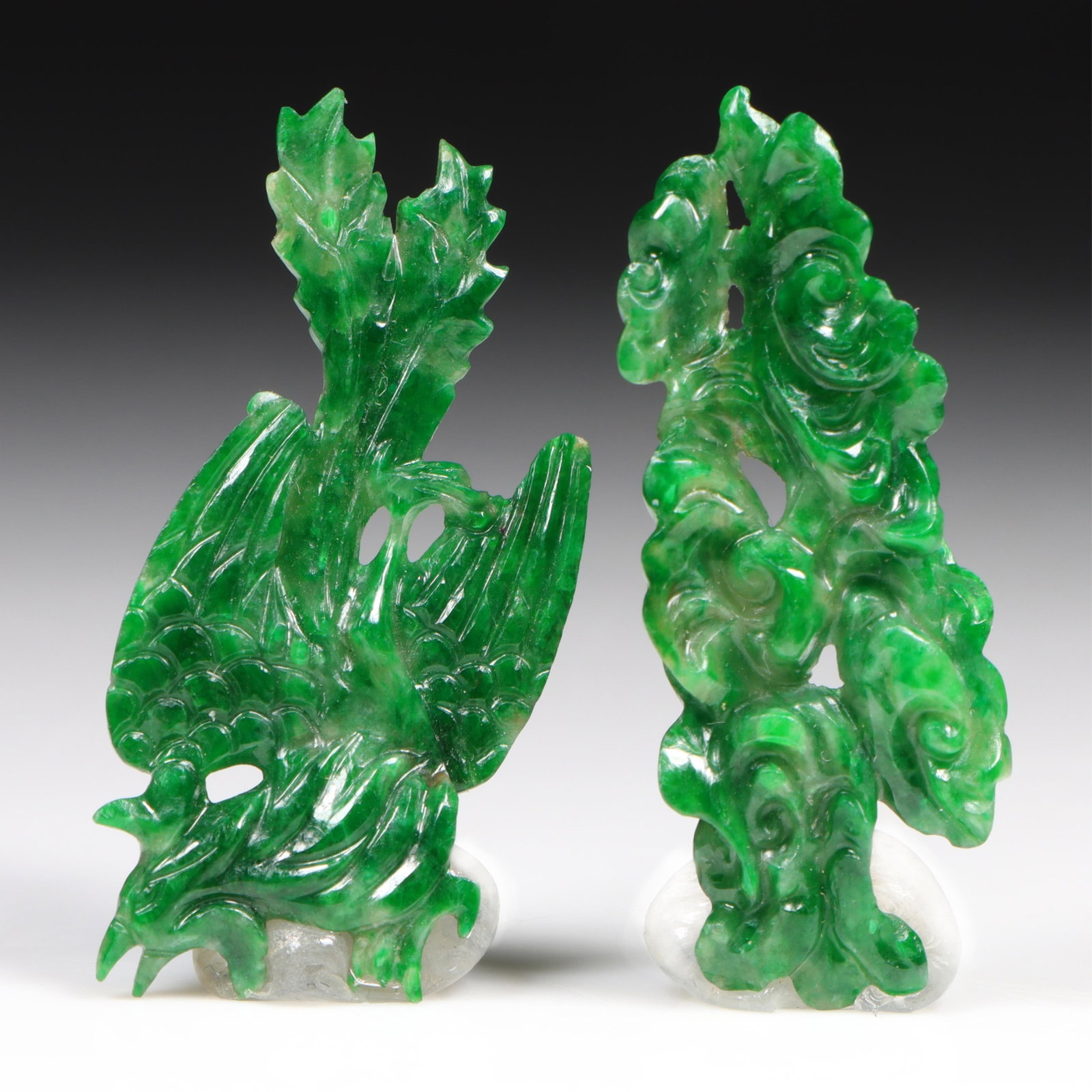 Chinese Imperial Green translucent Jadeite jade openwork ornament carvings of Phoenix and floral (1 of 9)