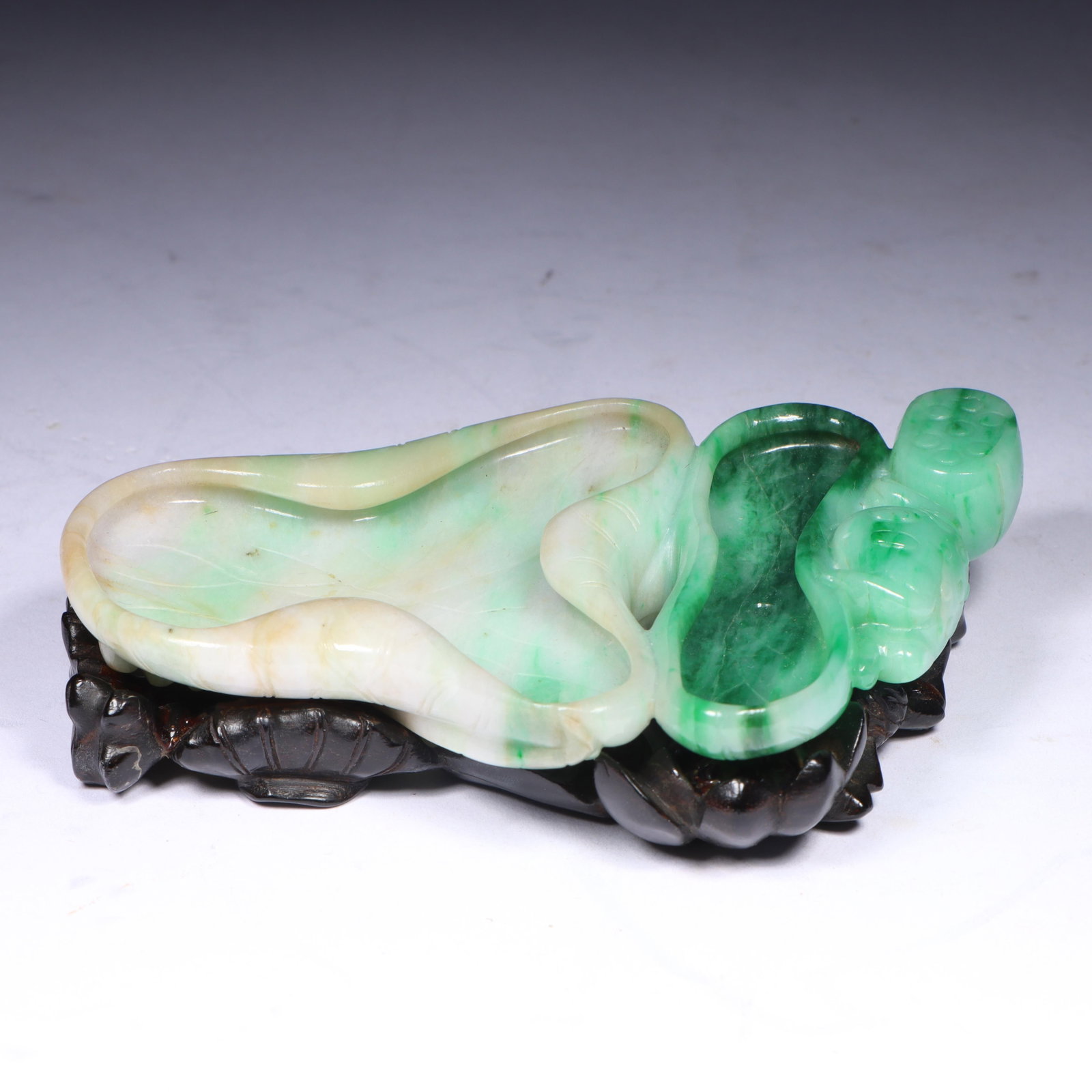 Chinese Qing Dynasty carved jadeite jade tri-color, green, white, lavender brush washer on Zitan: Chinese Qing Dynasty carved jadeite jade tri-color, green, white, lavender brush washer on Zitan wood carved hardwood display stand. 4"Long x 2 1/2"W