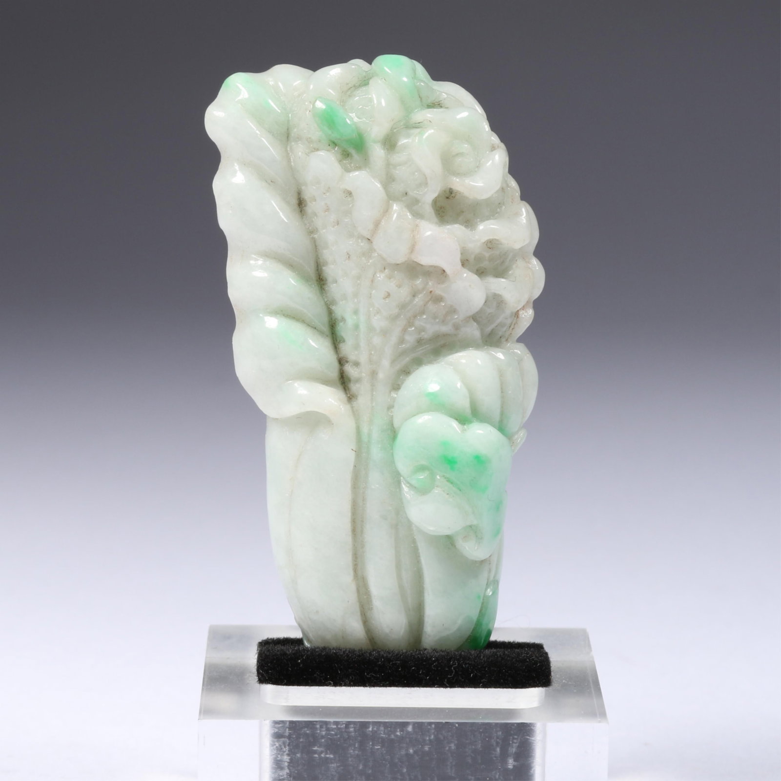 Apple Green and Pale Icy White Jadeite Jade Bok Choy Cabbage Carving, Symbol of Wealth, Prosperity, (1 of 8)