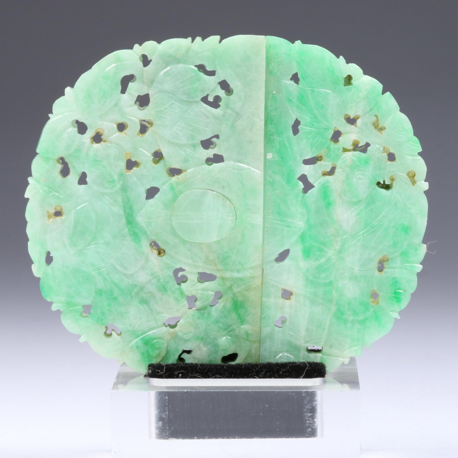 Chinese carved Variegated Apple Green & White Jadeite Jade Two Piece Interlocking Sash Buckle, early (1 of 6)