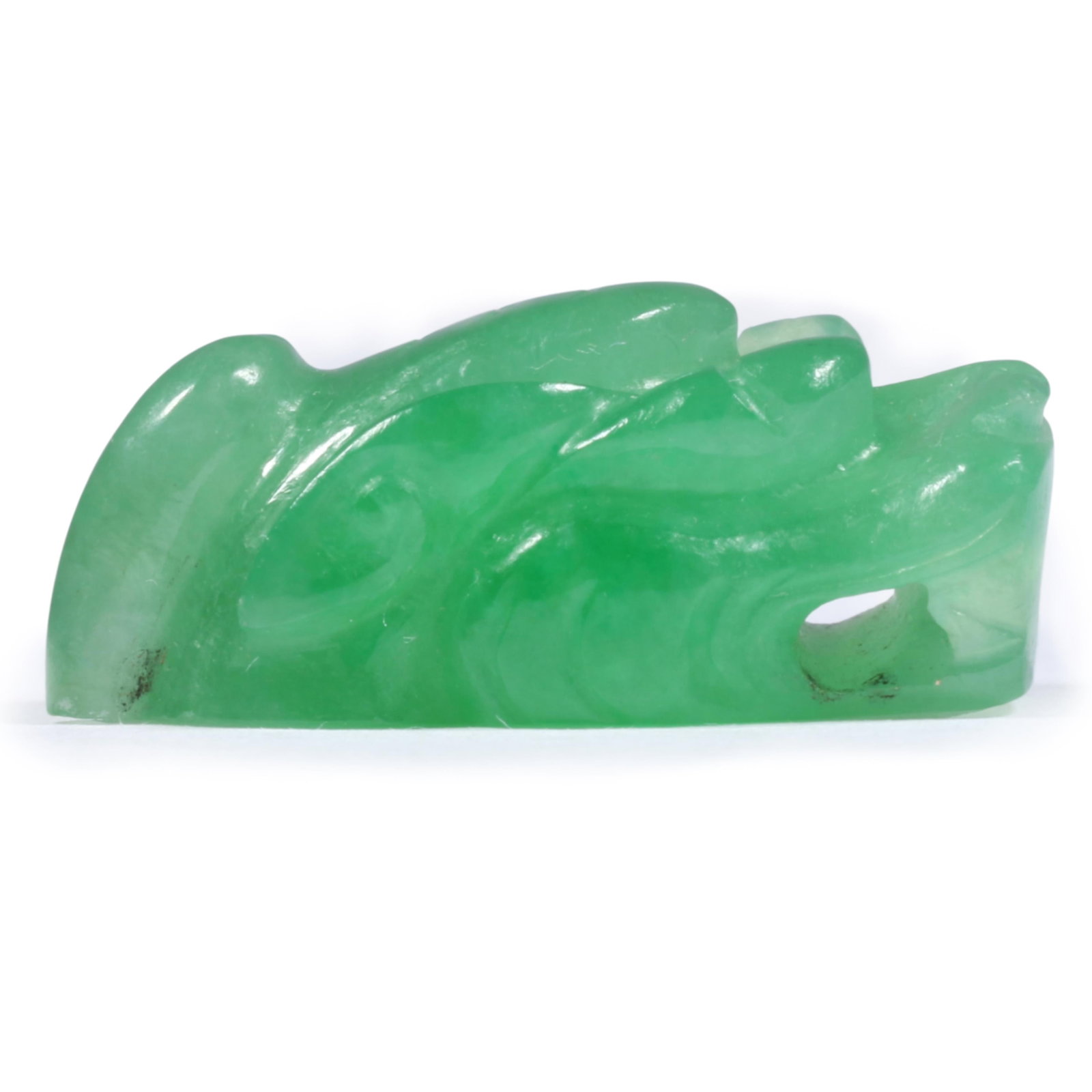 Apple Green Chinese Jadeite Jade Carved Figural Dragon Head Buckle or Sash Pin Fragment 7/8"H x: Apple Green Chinese Jadeite Jade Carved Figural Dragon Head Buckle or Sash Pin Fragment Fine semi-translucency in very good condition with consistent color, no chips, cracks or abrasions and one small