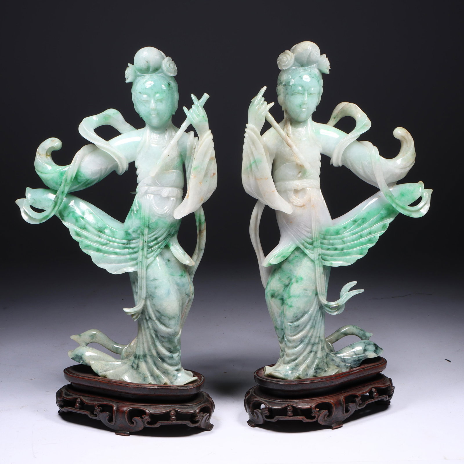 Pair of Chinese Qing Dynasty carved jadeite jade Guanyin female immortal figures on display stands (1 of 19)