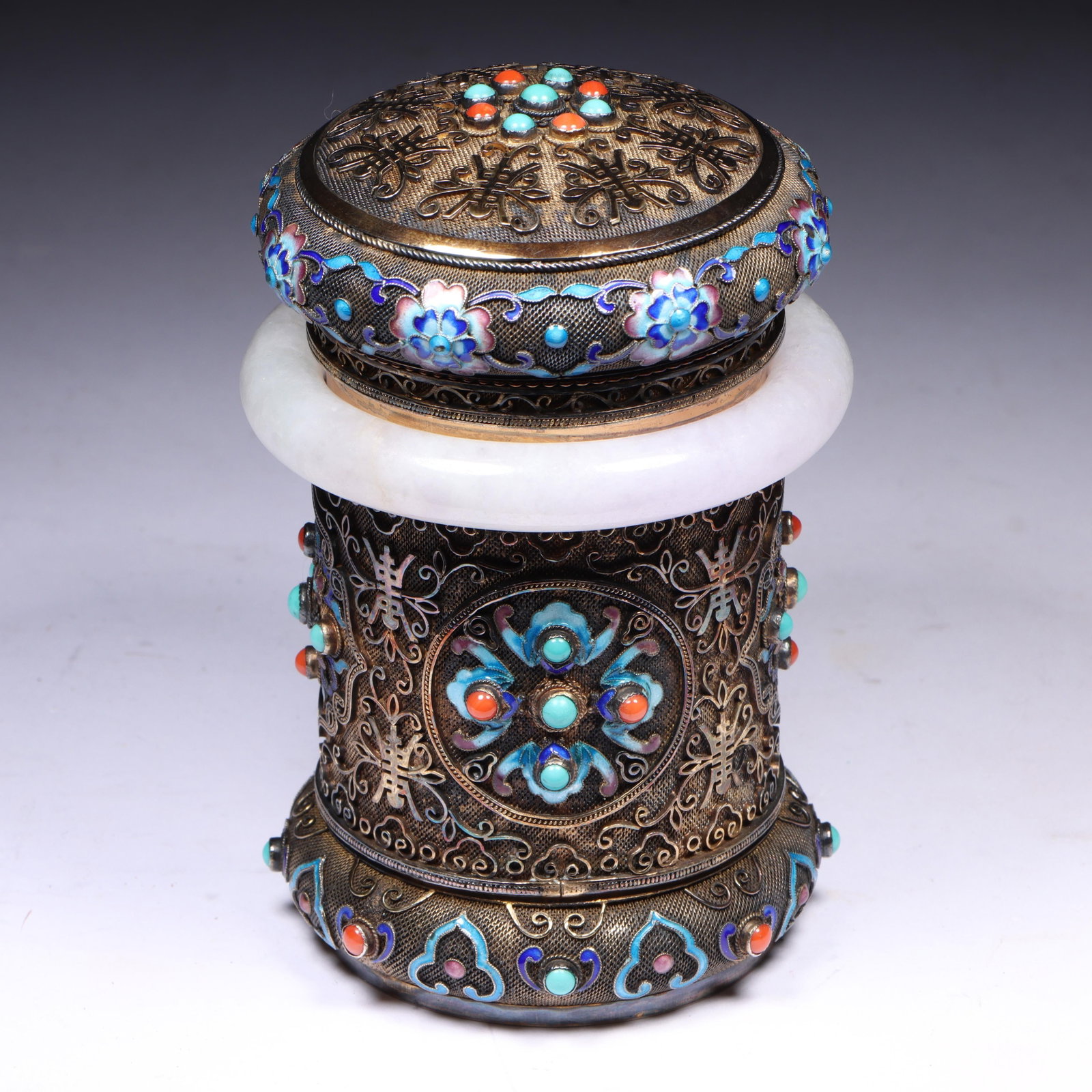 Chinese export cloisonne enamel and silver filigree tea caddy with rosey jadeite antique full round (1 of 20)