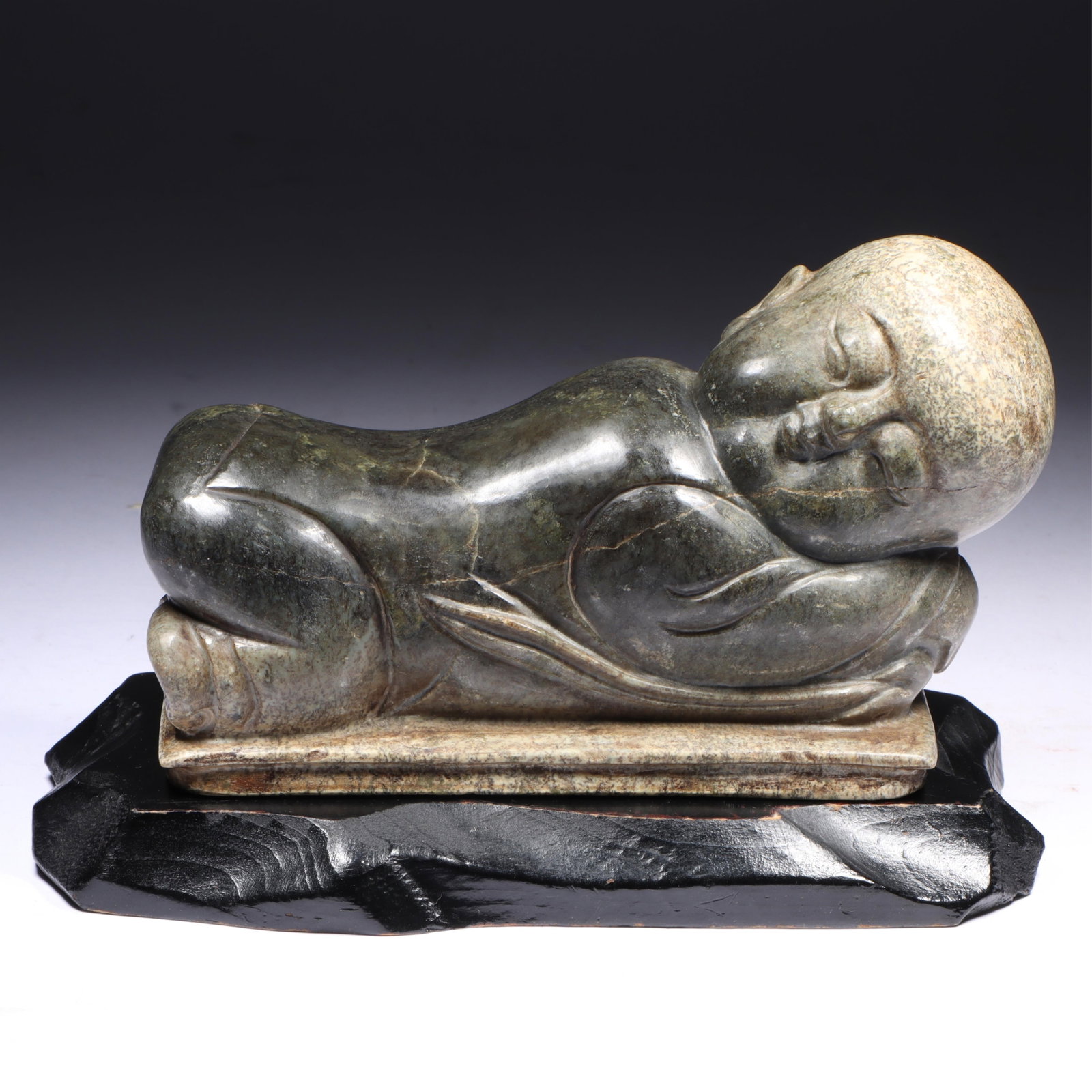 Chinese Song / Ming Dynasty carved chicken bone jade baby Buddha, infant boy figural armrest pillow (1 of 15)
