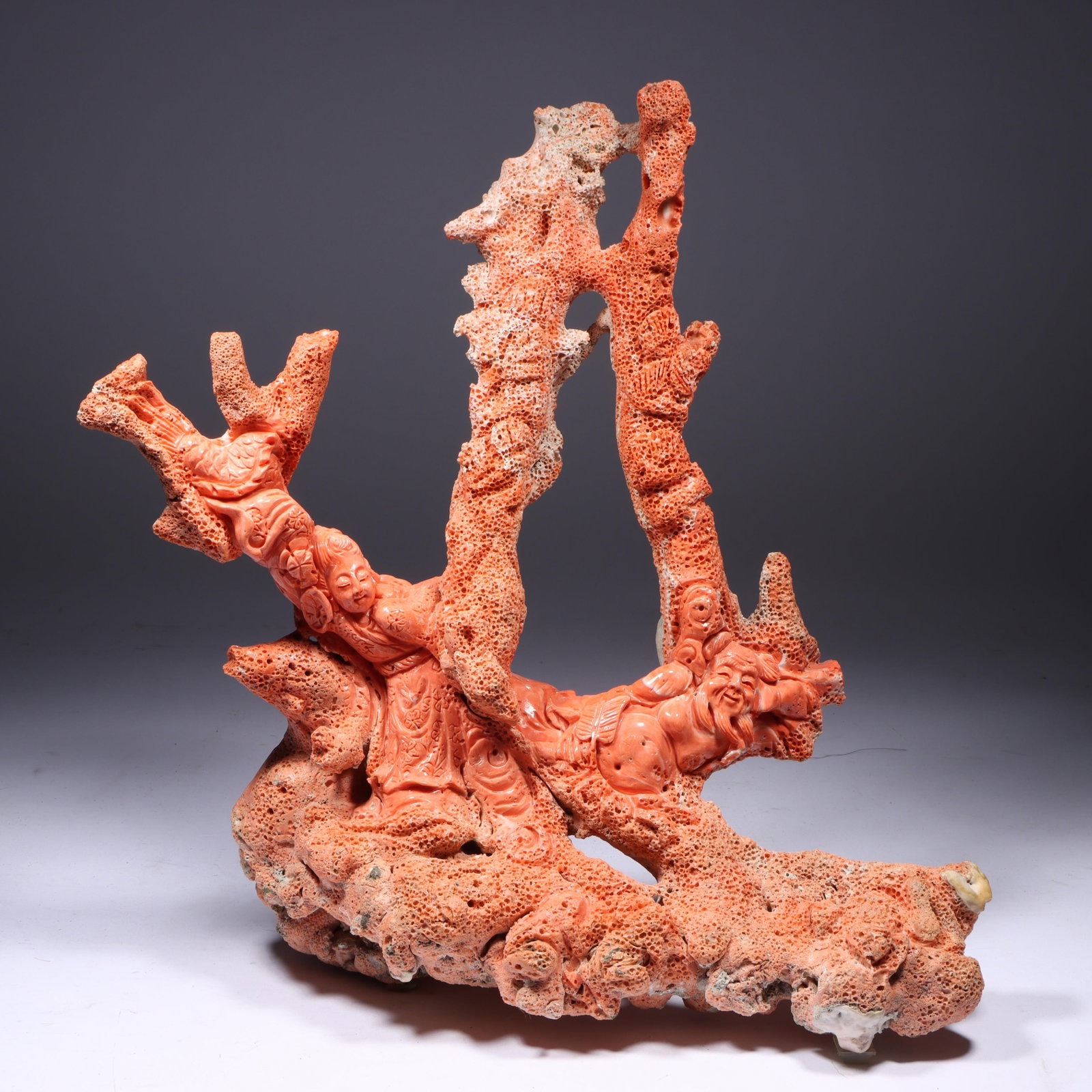 Chinese carved red branch coral sculpture with two Buddhist immortal figures 13 3/4"H x 13 1/2"W (1 of 19)