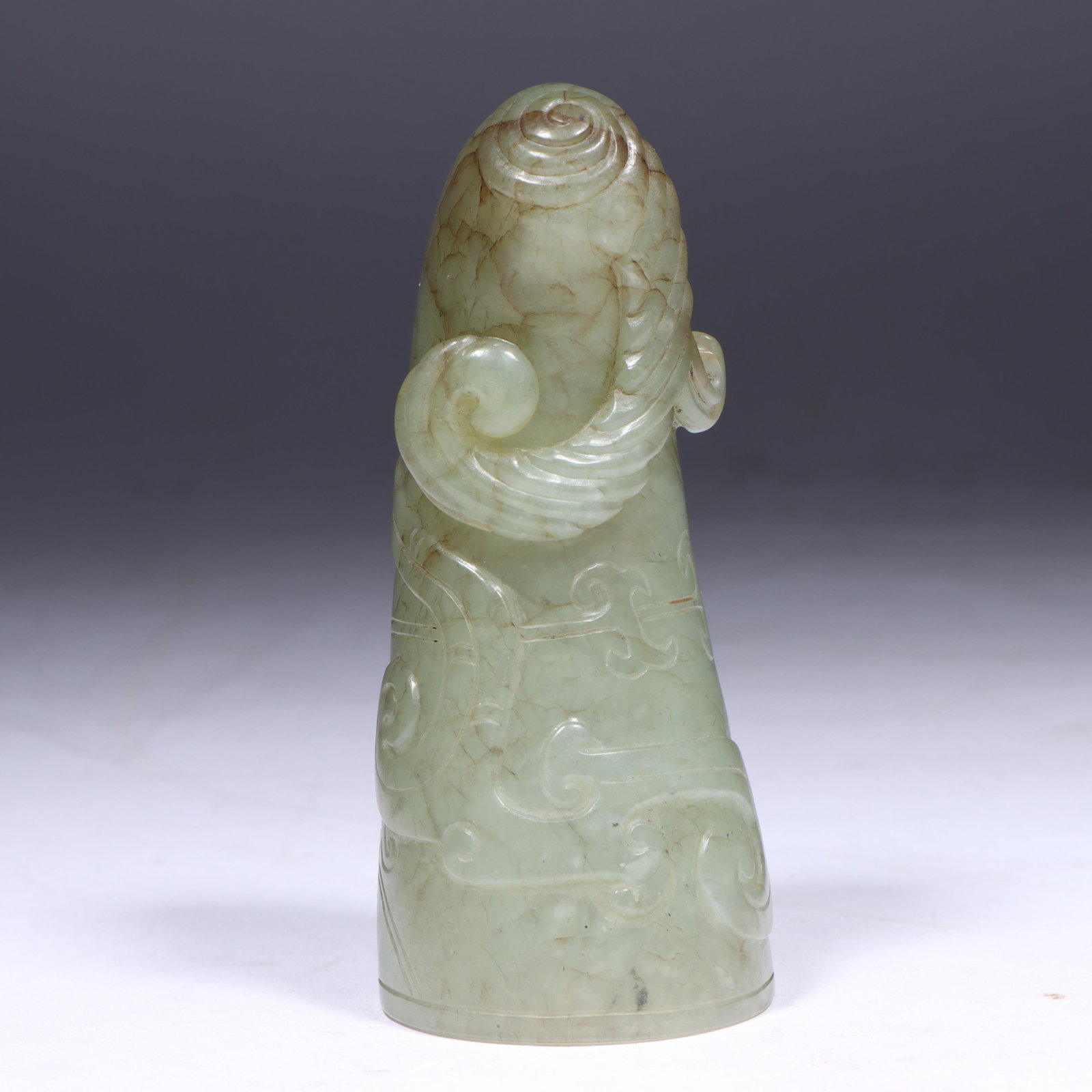 Chinese carved jade rhyton horn cup drinking vessel with relief and incised design, 3 3/4"H x (1 of 12)