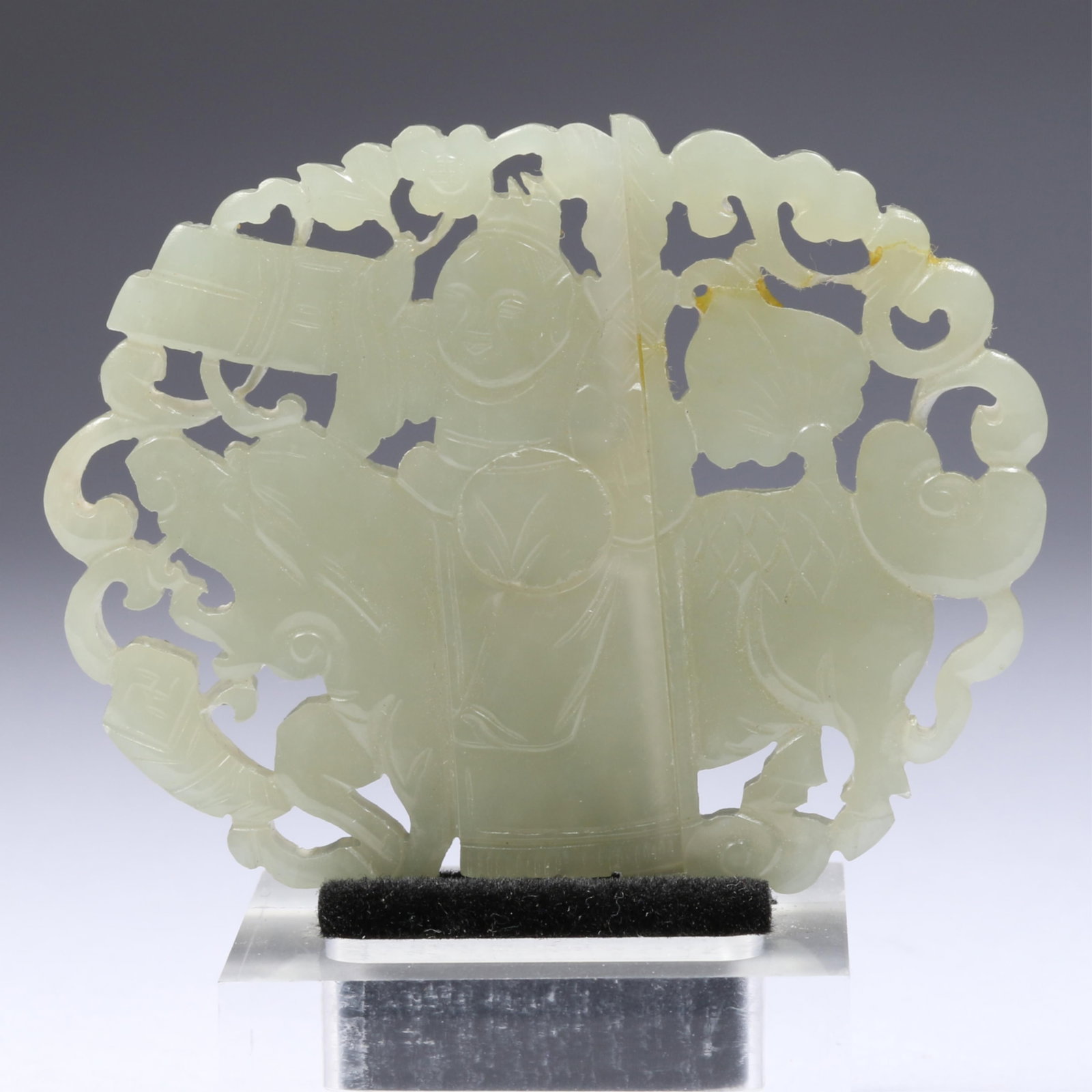 Carved white Nephrite Jade Two Piece Interlocking Sash Buckle with reticulated figural scene with (1 of 10)