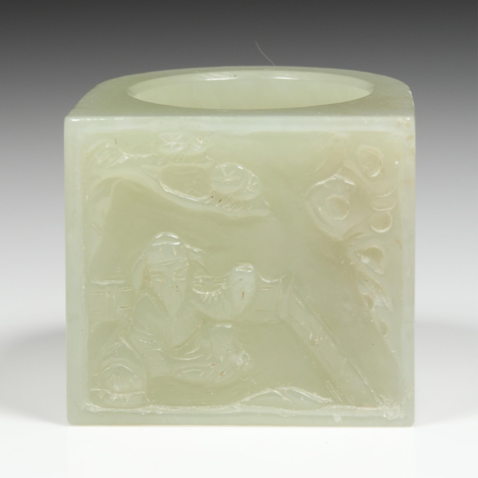 Chinese carved Pale Celadon Nephrite Jade Archer's or Jizi Ring with Solitary Figure in scenic (1 of 11)