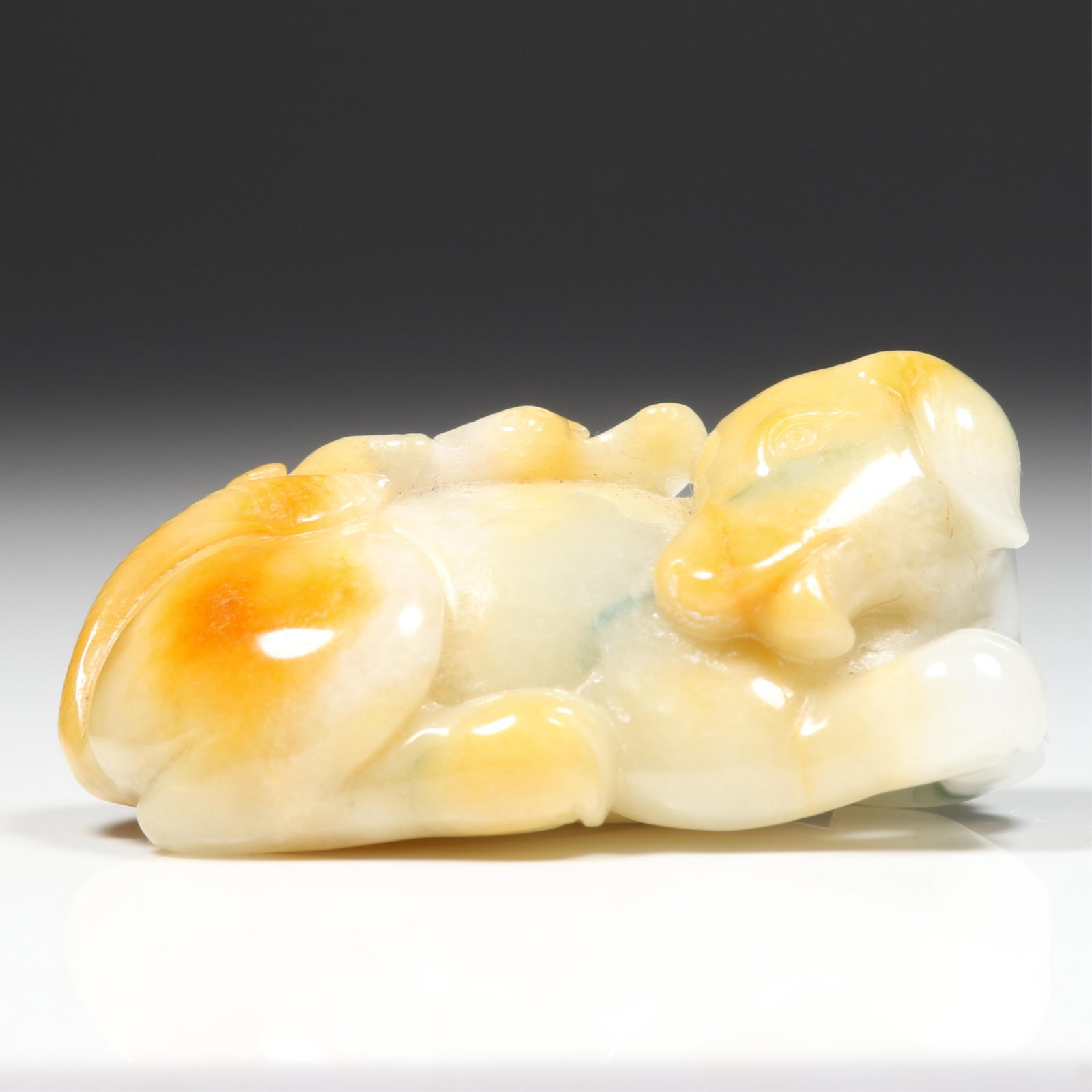 Carved White and Honey-Russet unusual color Jadeite Jade Figural Shishi or Foo Dog in Repose with (1 of 12)