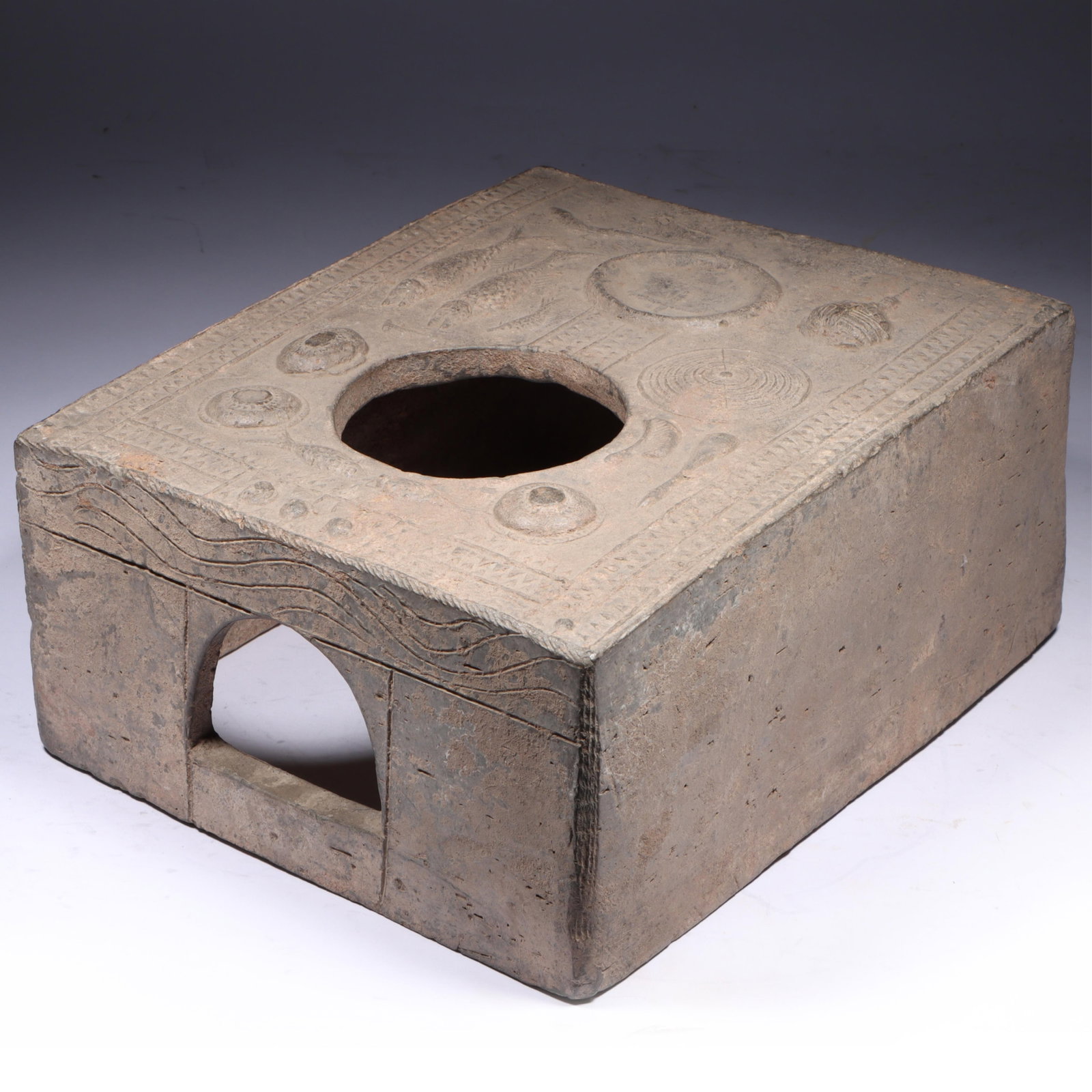 Chinese Han Dynasty 11 inch terra cotta pottery burial stove, 4 3/4"H x 8 3/4"W x 11"D: Chinese Han Dynasty 11 inch terra cotta pottery burial stove 4 3/4"H x 8 3/4"W x 11"D