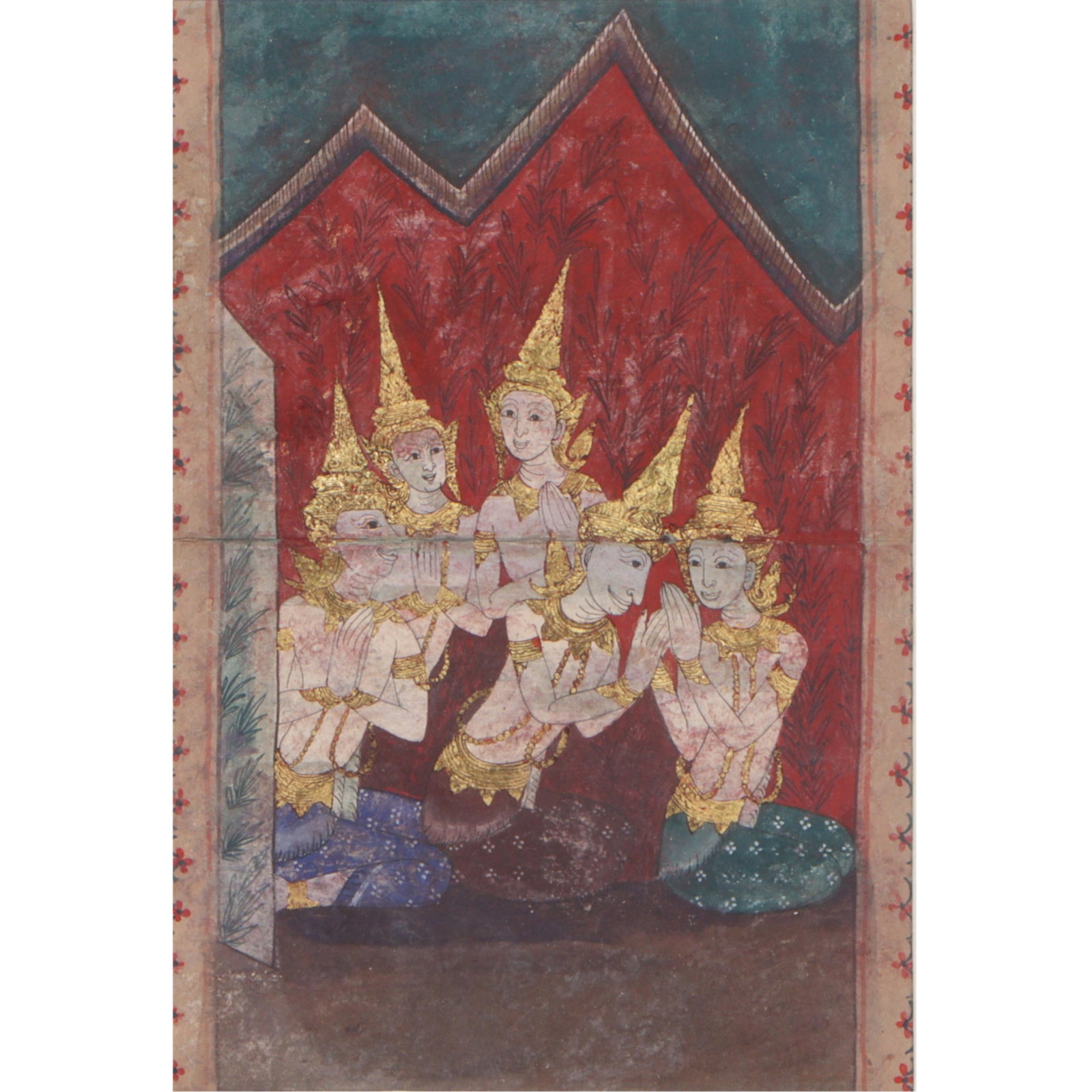 Thai Buddhist narrative painting depicting a scene from Vessantara Jataka 10 3/4"H x 7 1/4"W(sight), (1 of 13)