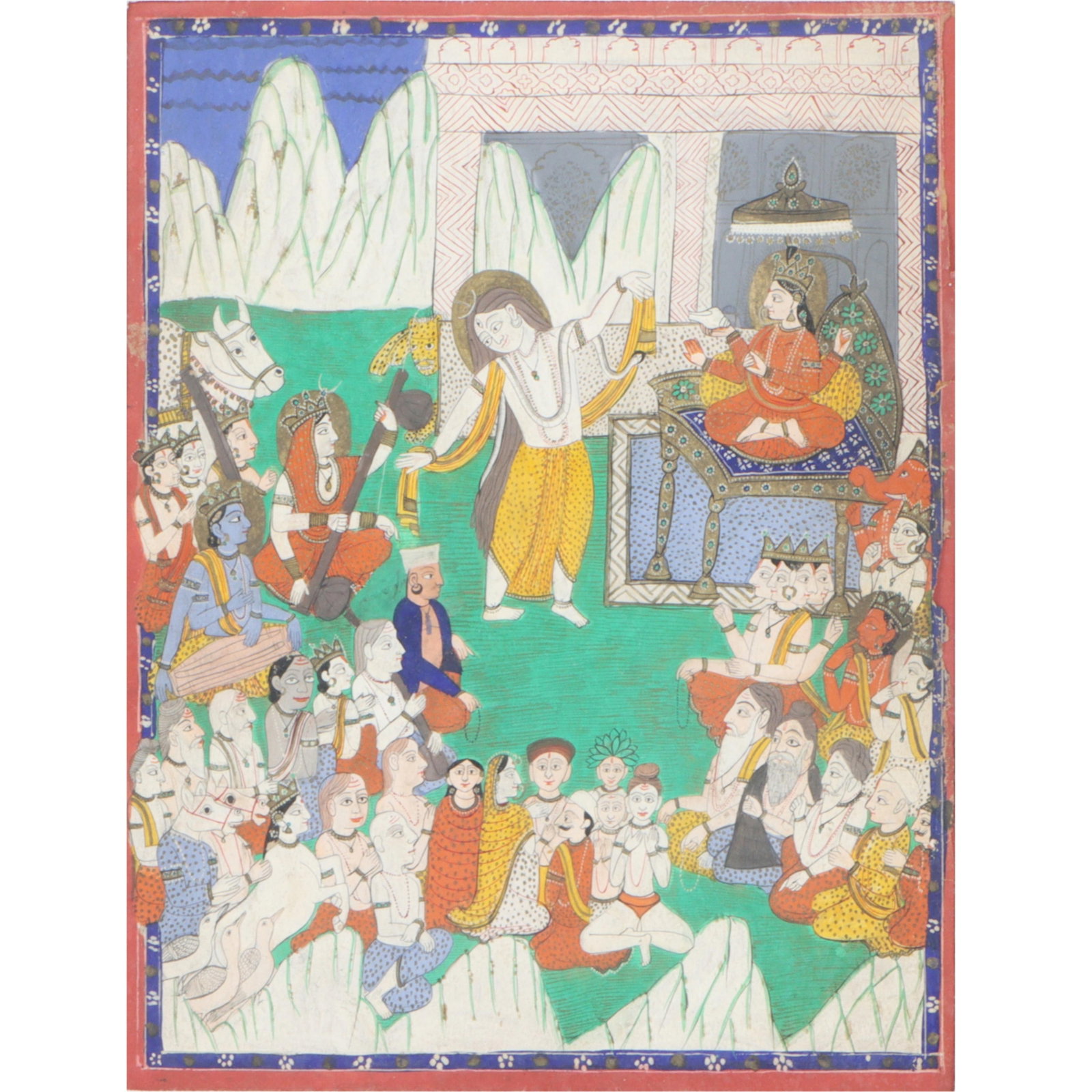 Indian Hindu folk art painting on paper with gilt accents, Shiva and Parvati 12 1/2"H x 9 (1 of 11)