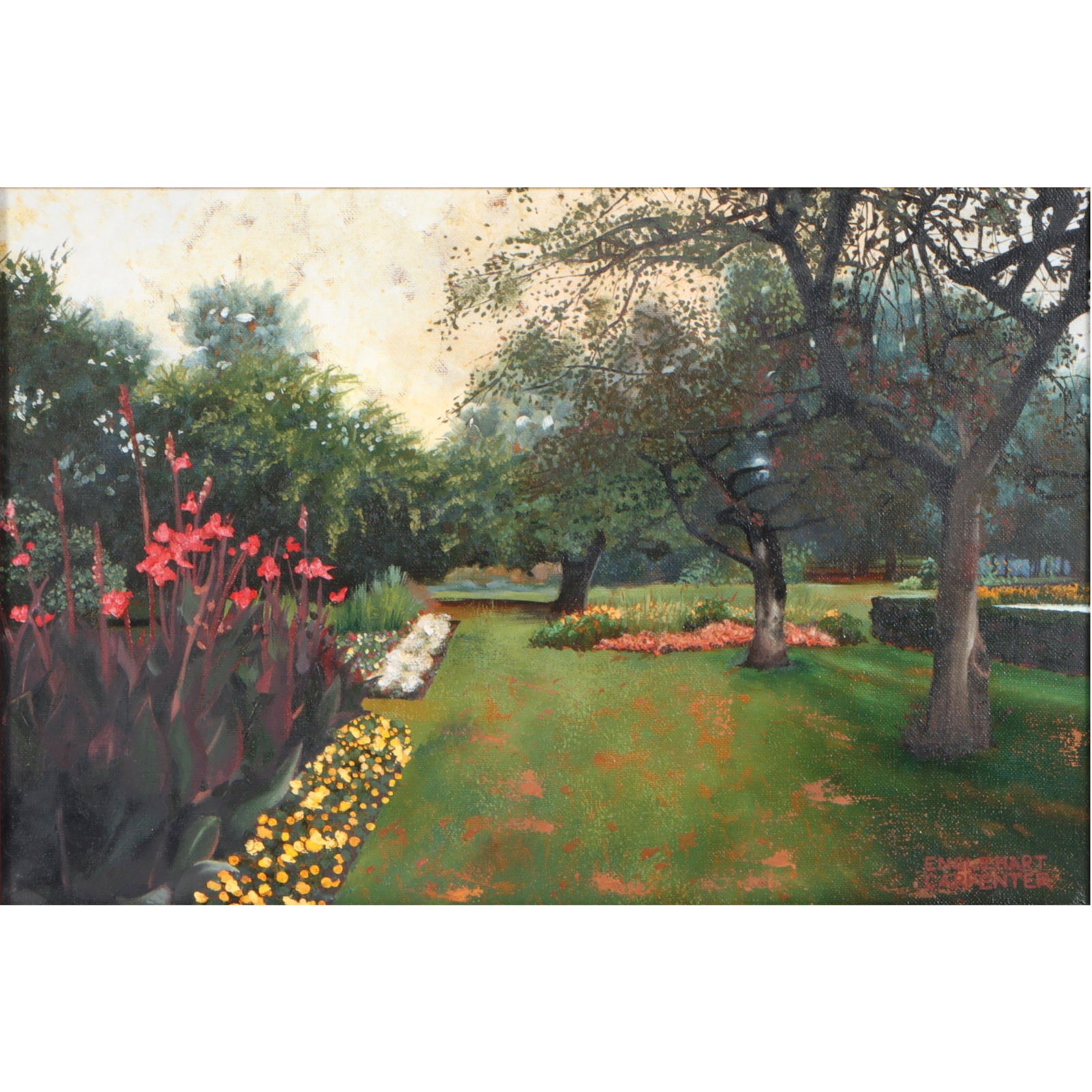 Englehart Carpenter, summer landscape garden scene, oil on canvas, 9 1/2"H x 14 1/2"W (sight) 14? H (1 of 10)