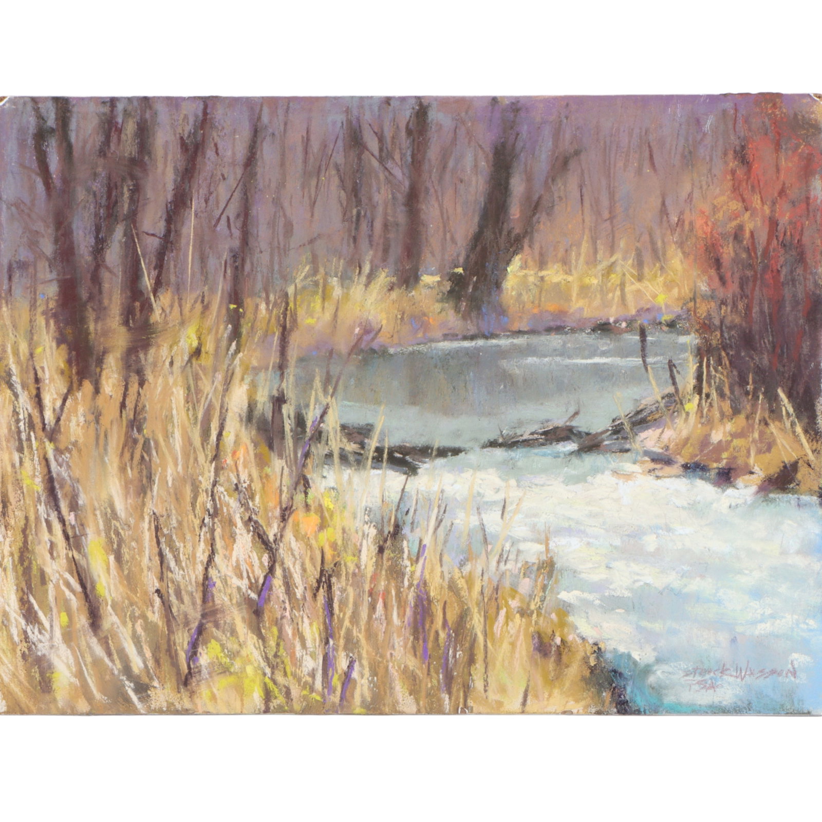 Carol Strock-Wasson, Indiana (b. 1958), wooded landscape with stream / river bend, pastel on board, (1 of 13)
