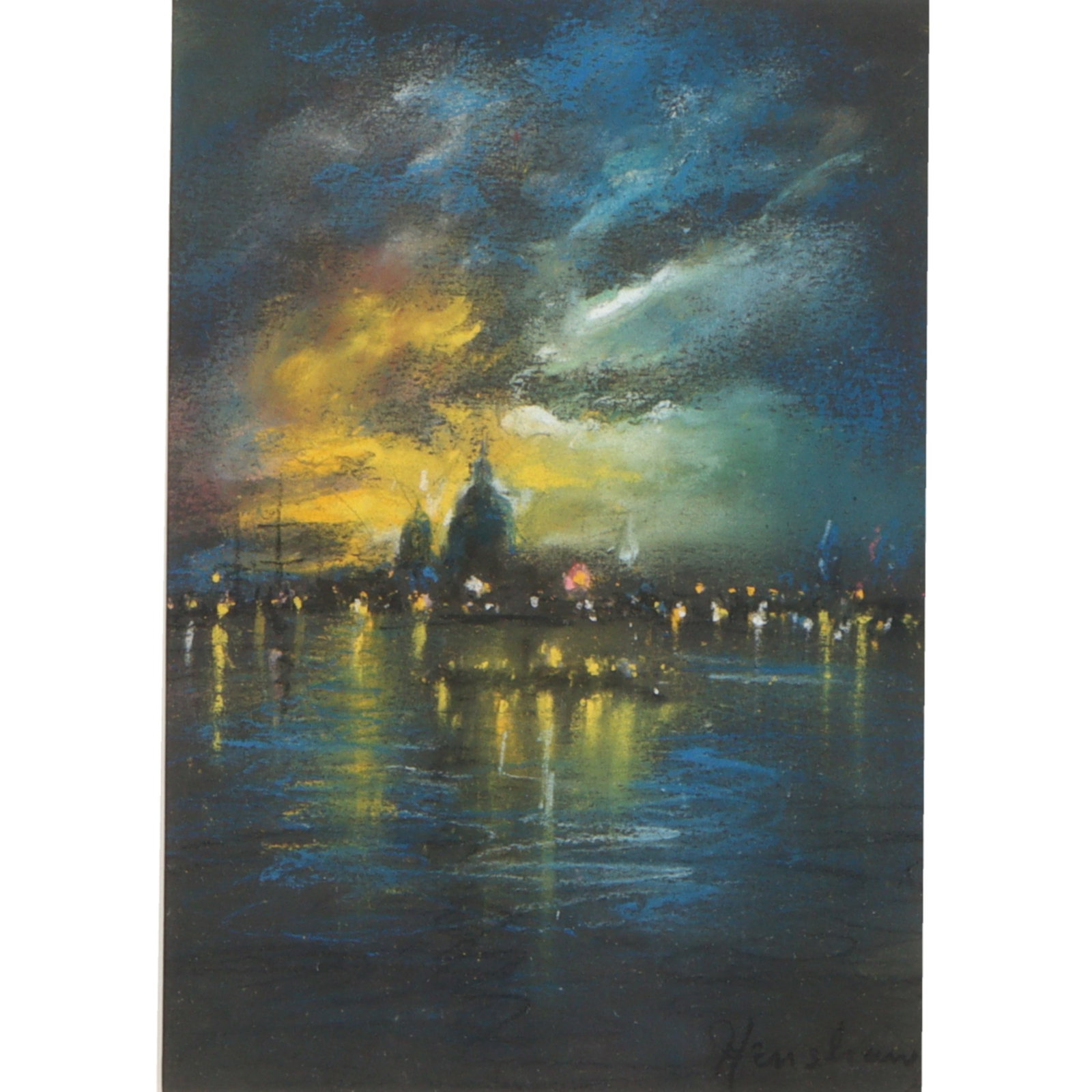 Glen Cooper Henshaw, Indiana (1880-1946), City Skyline Nocturne, evening cityscape, pastel on paper, (1 of 11)