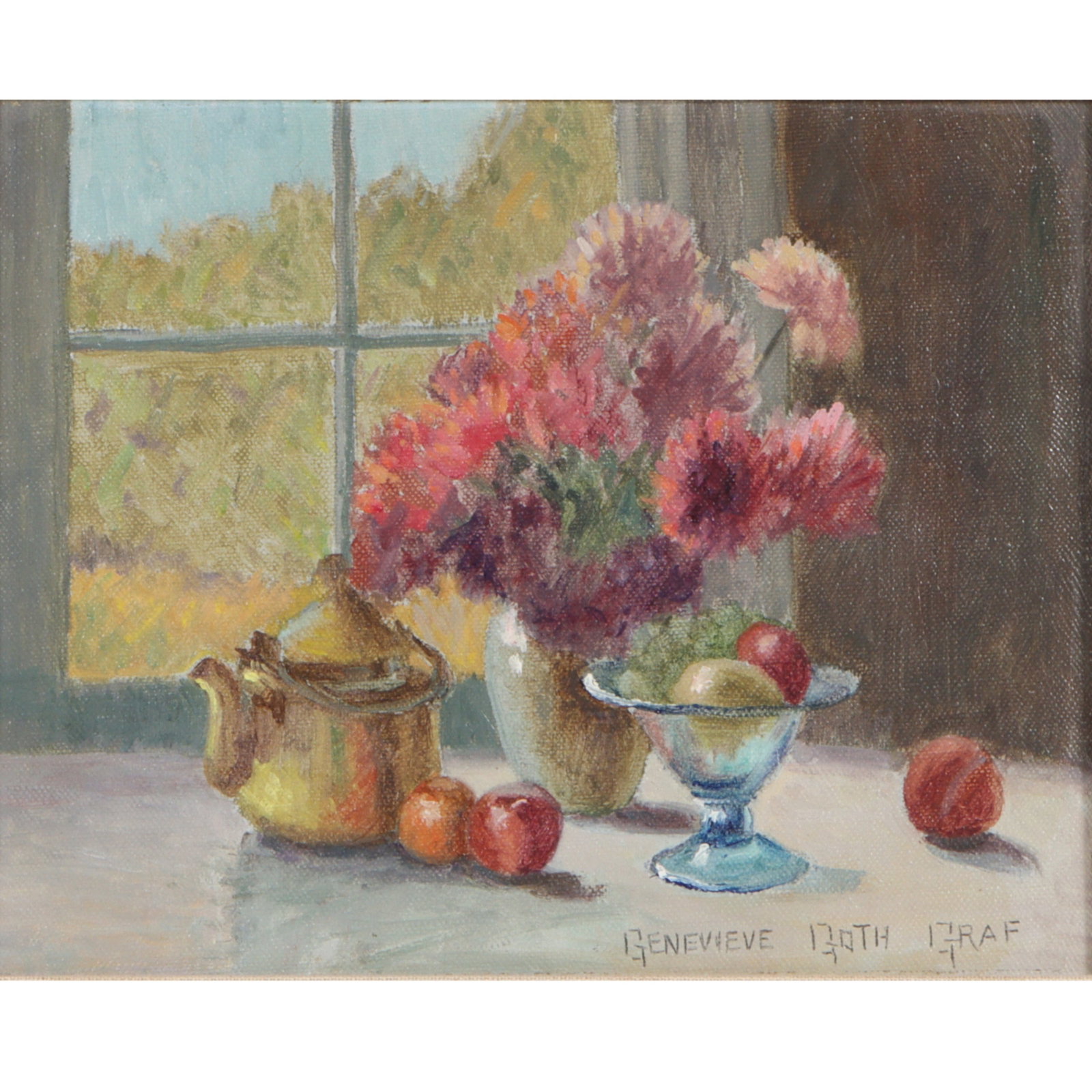 Genevieve Goth Graf, Indiana (1890-1961), floral still life with chrysanthemums, fruit, and teapot,: Genevieve Goth Graf Indiana (1890-1961) floral still life with chrysanthemums, fruit, and teapot oil on canvas Signed lower right. Biography from the Archives of askART: A longtime teacher in the Indi
