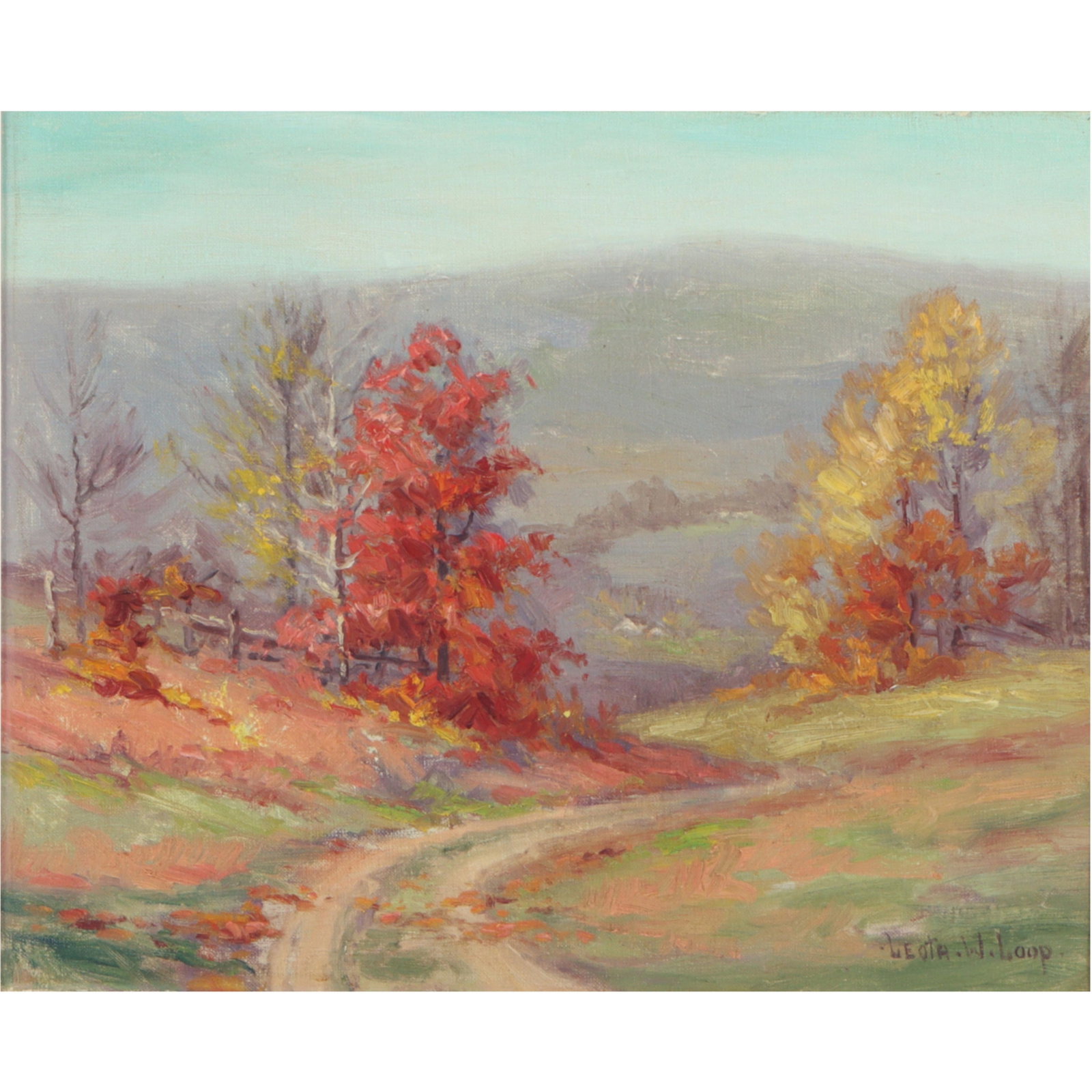 Leota Williams Loop, Indiana (1893-961), regionalist autumn landscape, oil on canvas, 13 5/8"H x 16: Leota Williams Loop Indiana (1893-961) regionalist autumn landscape oil on canvas Signed lower right. Biography from the Archives of askART Born in Fountain City, Indiana, Leota Loop spent her career 