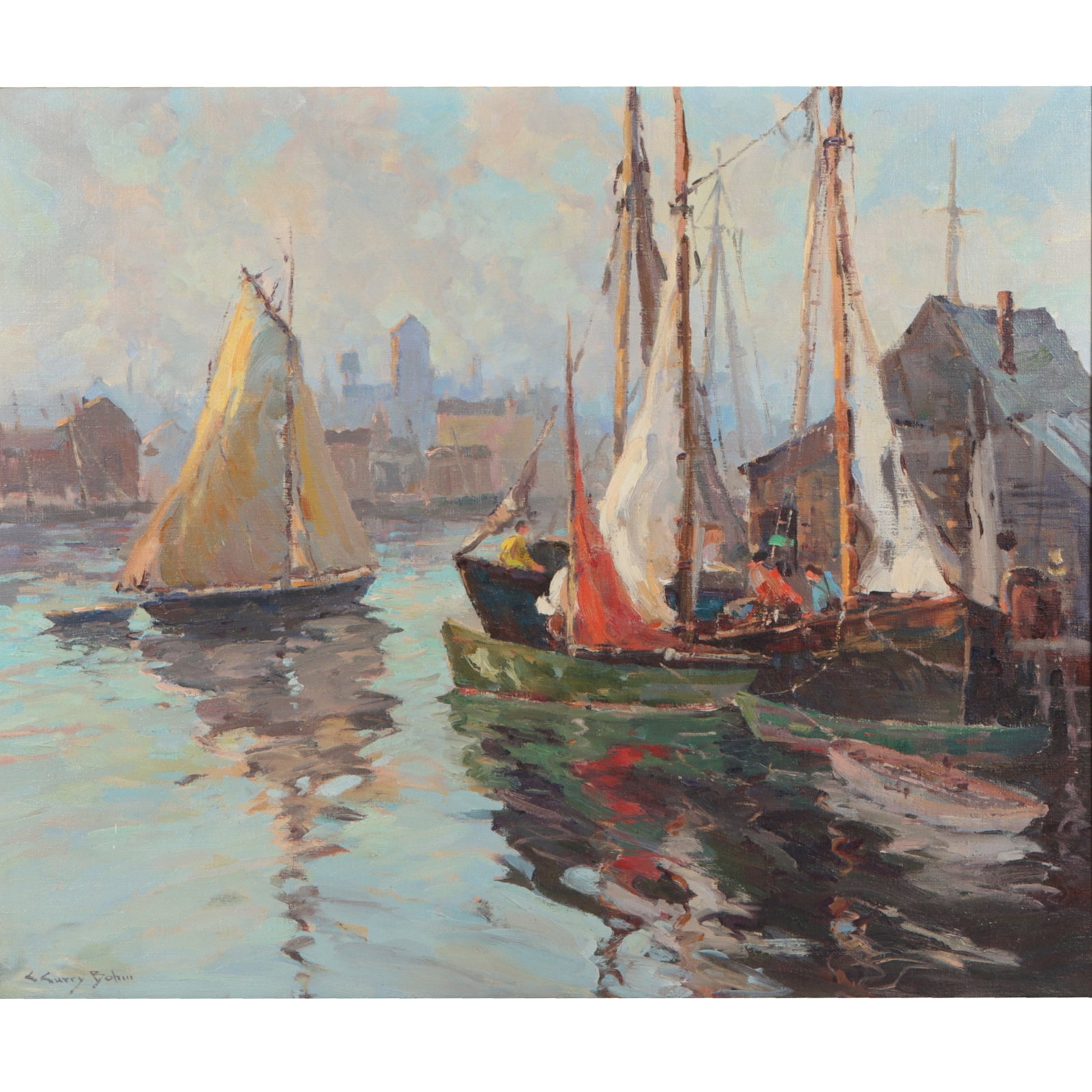 Claude Curry Bohm, Illinois, Indiana (1894-1971), Gloucester Harbor, oil, 30"H x 36"W(stretcher), 33: Claude Curry Bohm Illinois, Indiana (1894-1971) Gloucester Harbor oil Signed lower left. Artist label verso. Biography from AskArt: C. Curry Bohm was born in Nashville, Tennessee on October 19, 1894. 