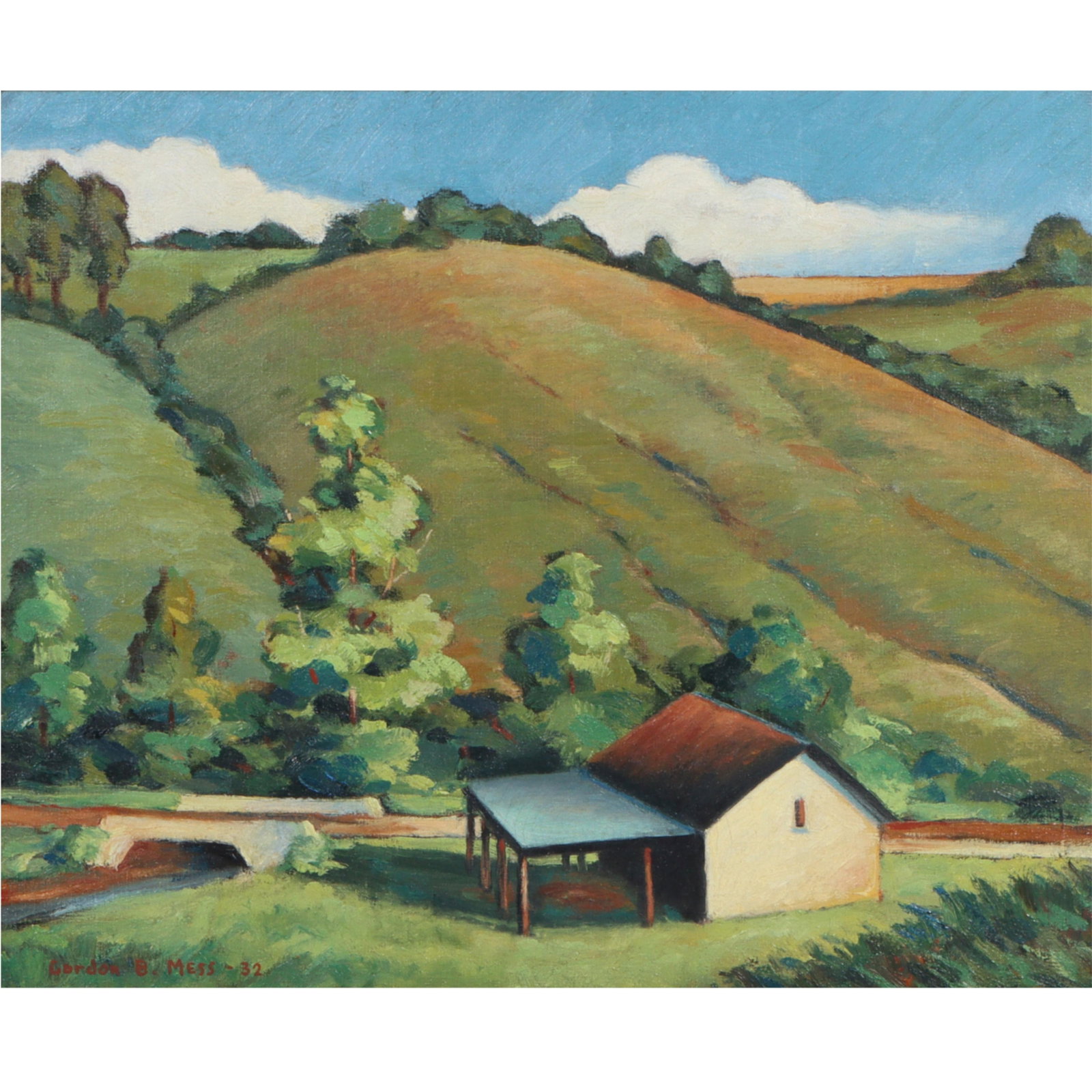 Gordon Benjamin Mess, Indiana (1900-1959), hills with barn and stream regionalist landscape, 1932,: Gordon Benjamin Mess Indiana (1900-1959) hills with barn and stream regionalist landscape, 1932 oil on canvas Signed and dated lower left. Biography from the Archives of askART: An Indiana landscape p