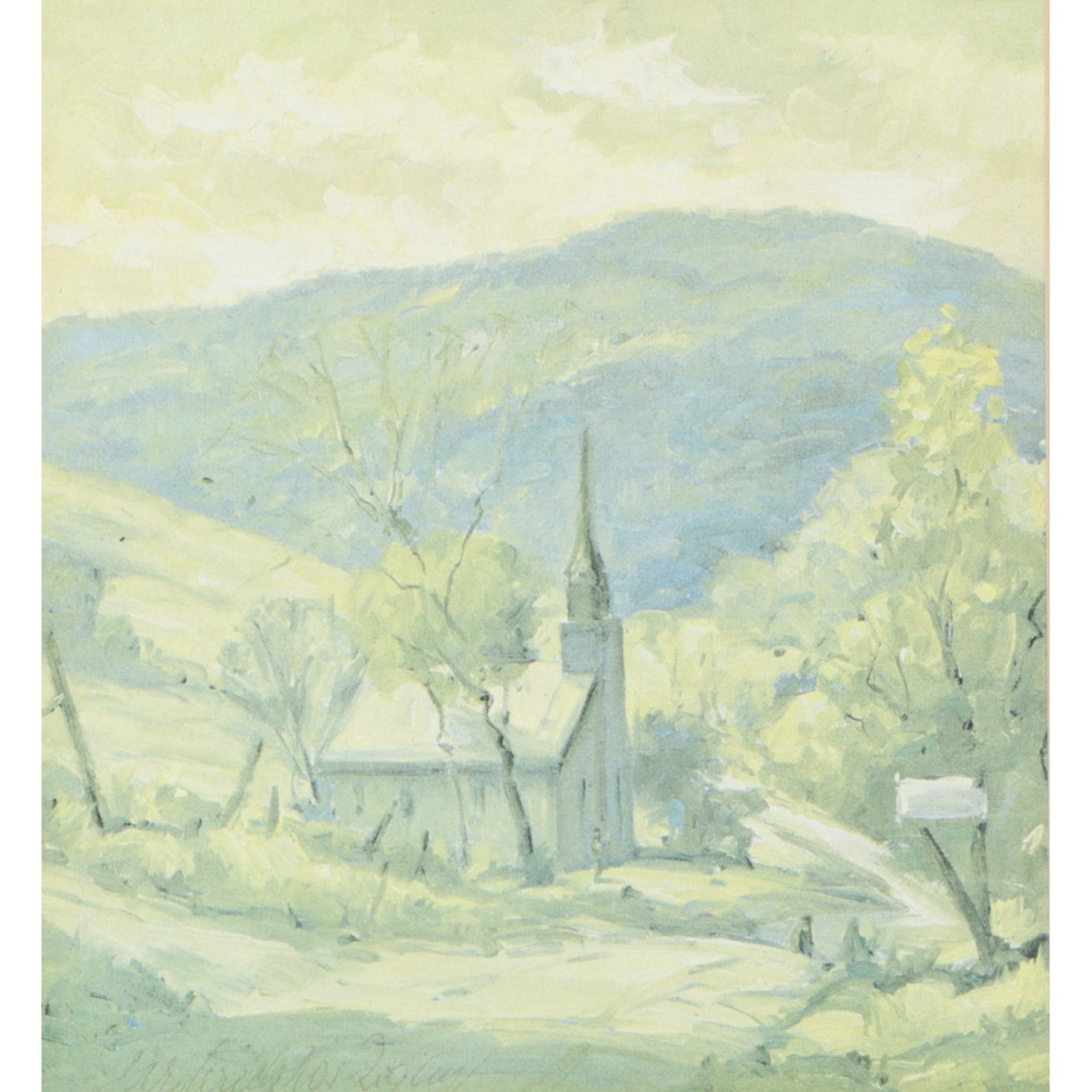Frederick W Rigley, Indiana (1914-2009), hilly landscape with church, lithograph, 6 1/4"H x: Frederick W Rigley Indiana (1914-2009) hilly landscape with church lithograph Pencil signed lower left. Biography from the Archives of askART: Frederick W. Rigley, artist and teacher, began his career