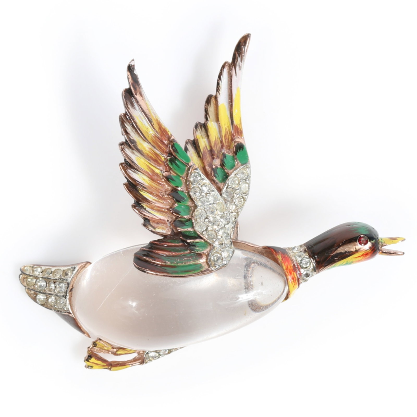 Coro Craft / Corocraft 1944 Adolf Katz sterling vermeil Mallard duck jelly belly book piece brooch: Coro Craft / Corocraft 1944 Adolf Katz sterling vermeil Mallard duck jelly belly book piece brooch with enamel and pave American Costume Jewelry Vol. 2 by Carla Ginelli Brunialti & Roberto Brunialti p