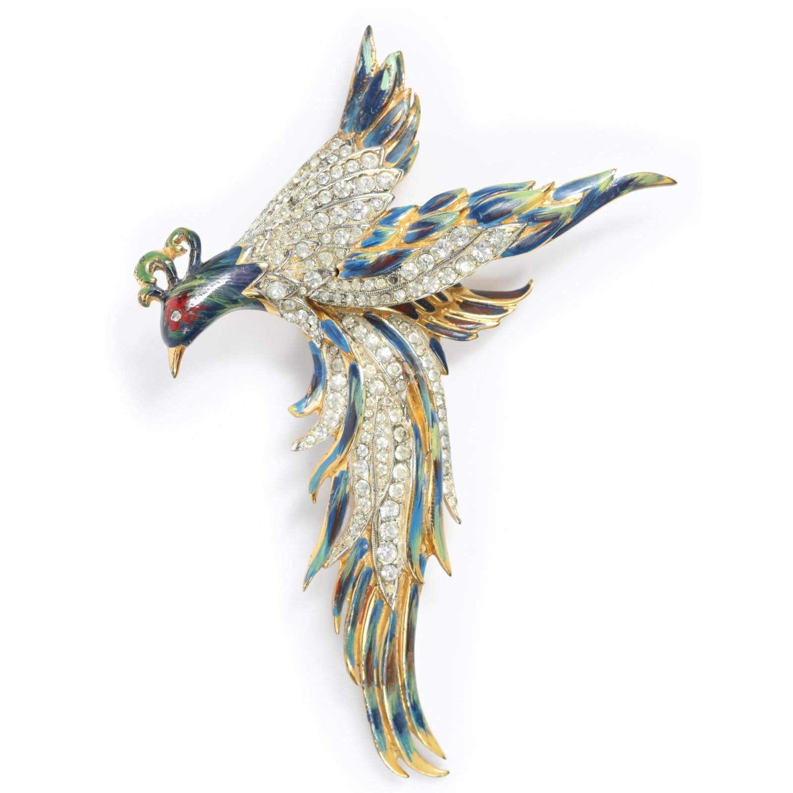 Coro Craft / Corocraft sterling vermeil figural enamel and rhinestone crystal bird in flight brooch (1 of 11)