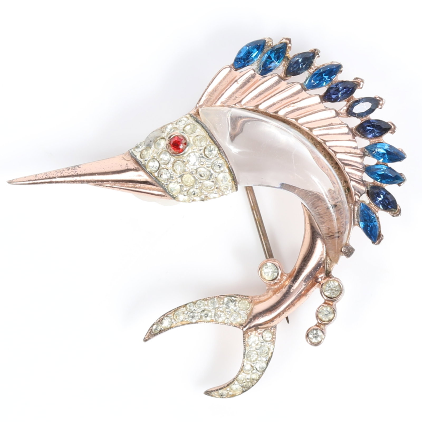 Coro Craft / Corocraft 1945 Adolf Katz sterling vermeil Marlin fish jelly belly book piece brooch: Coro Craft / Corocraft 1945 Adolf Katz sterling vermeil Marlin fish jelly belly book piece brooch with blue marquise rhinestone crystals, red gem eye, and pave American Costume Jewelry Vol. 2 by Carla