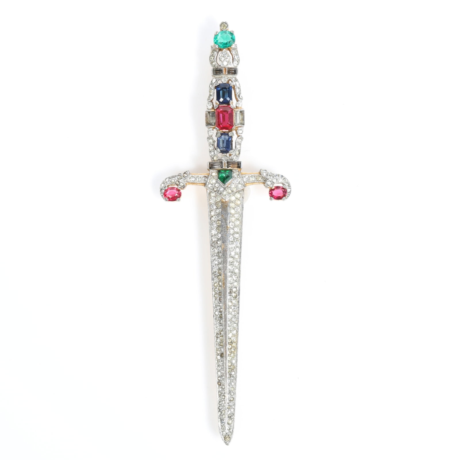 Large Trifari 1940 Alfred Philippe jeweled dagger sword book piece brooch with green, blue, and red (1 of 11)