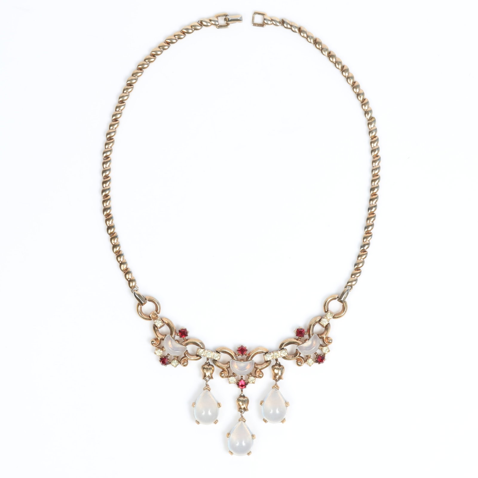 Trifari Alfred Philippe "Claire de Lune" 1950 demilune moonglow, ruby, and diamante rhinestone (1 of 11)