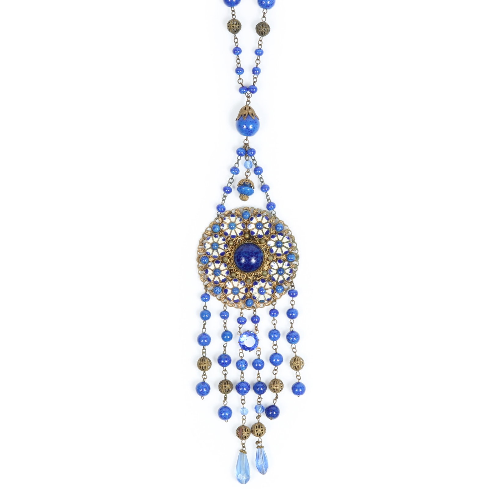 Long Czech art glass and enamel floral necklace accented with gold tone filigree beads 26"L x 6": Long Czech art glass and enamel floral necklace accented with gold tone filigree beads Provenance: From the private collection of Dr. Claudia Brodhead 26"L x 6" Drop