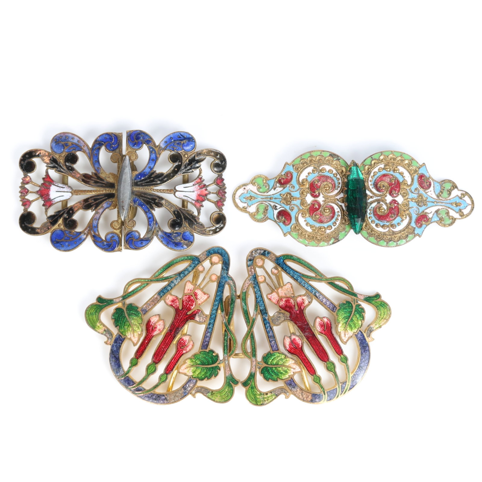 Art nouveau enameled botanical and foliate buckles 4"H x 2 1/2"W (largest buckle) (1 of 11)
