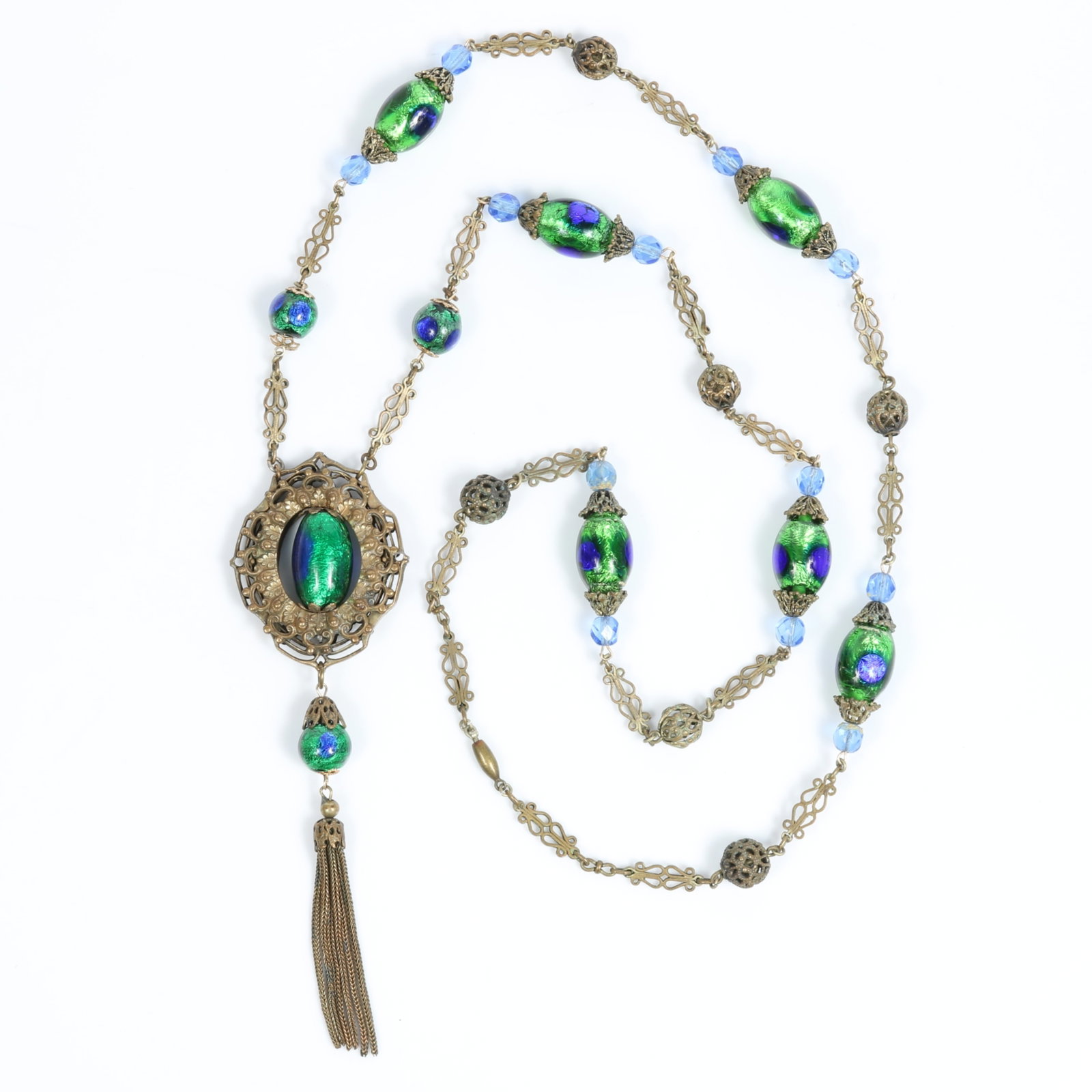 Green and blue iridescent peacock eye Czech glass necklace accented with fringed drop center (1 of 9)