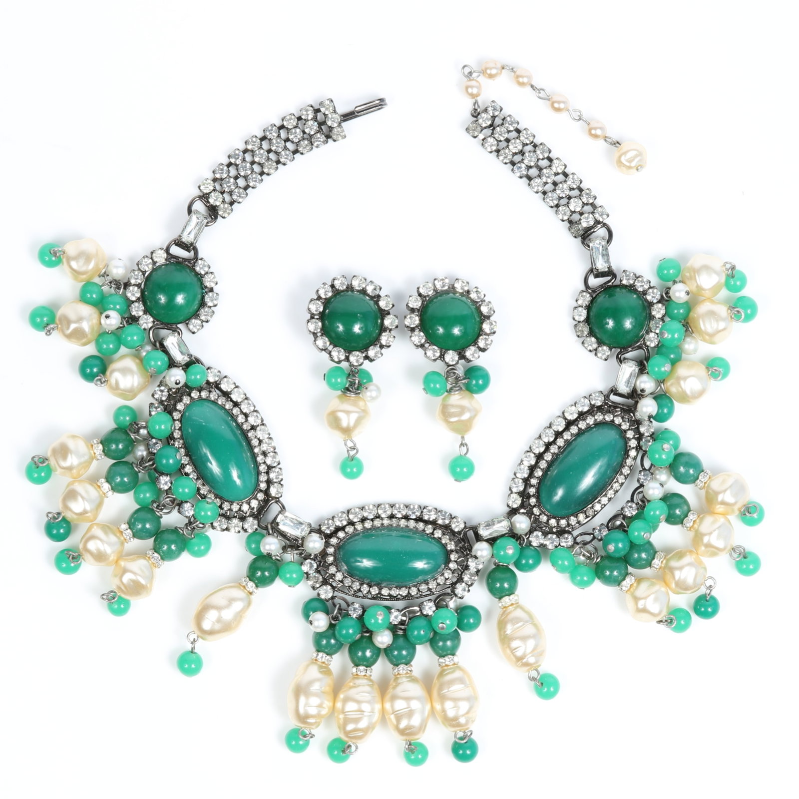VRBA collar necklace and matching earrings with faux pearl fringe, emerald green glass cabochons (1 of 14)